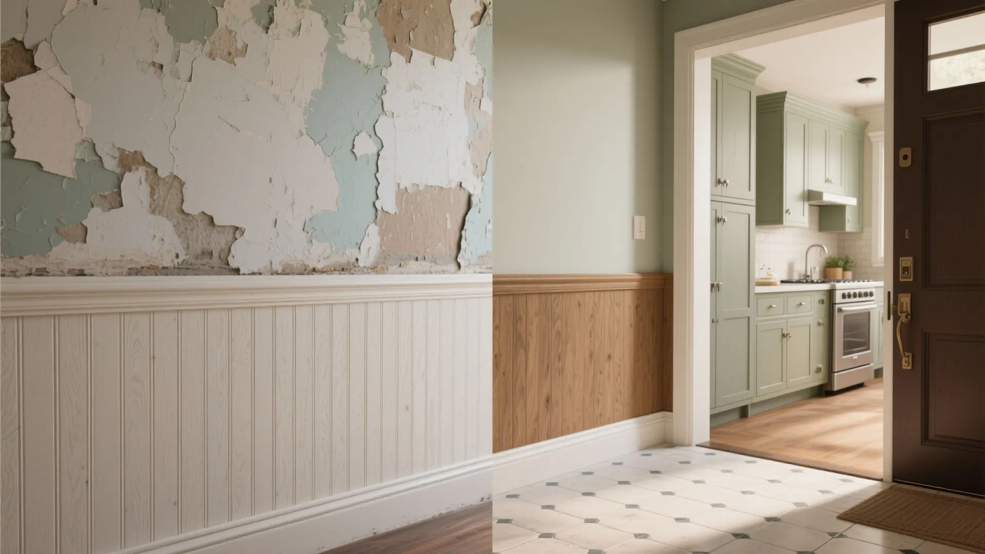 Before and after comparison of damaged peeling wall versus new white and wood wall panel design