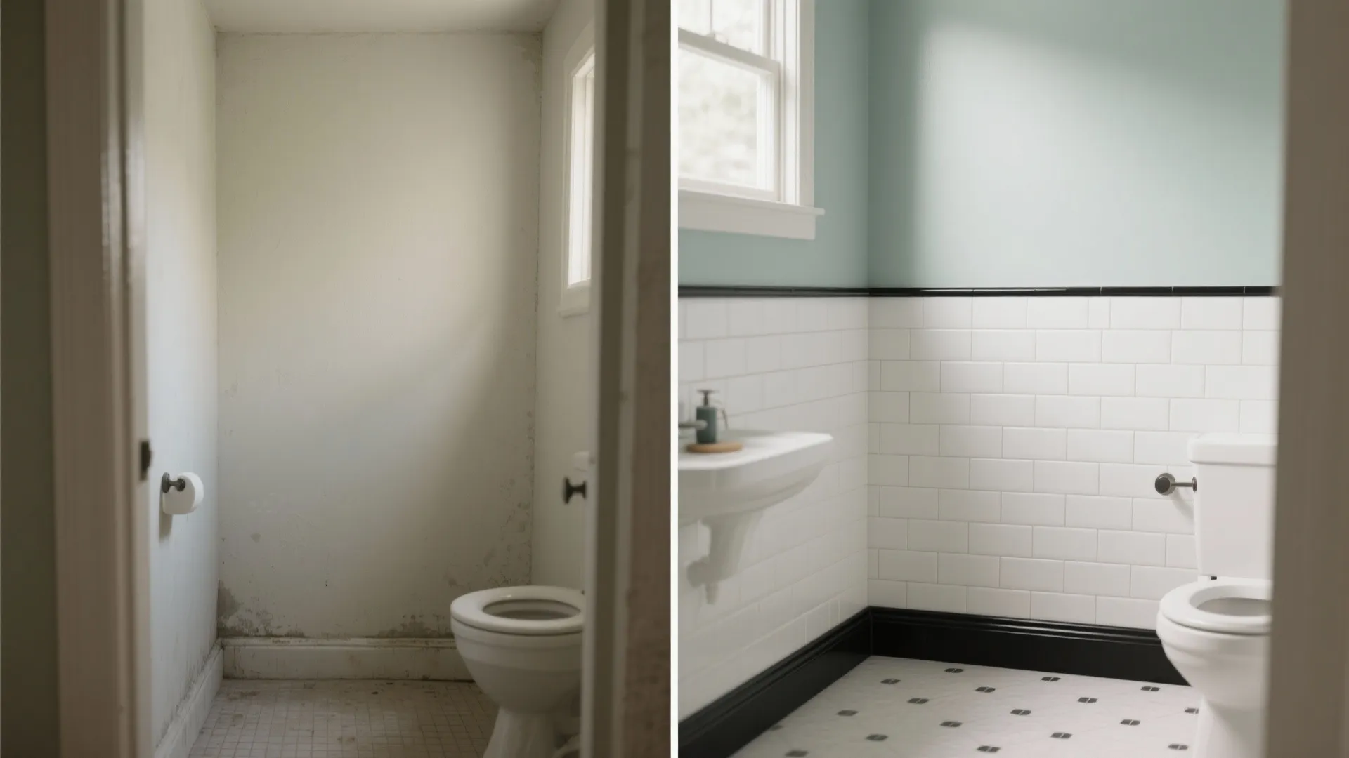 Black baseboard tile with white wainscot