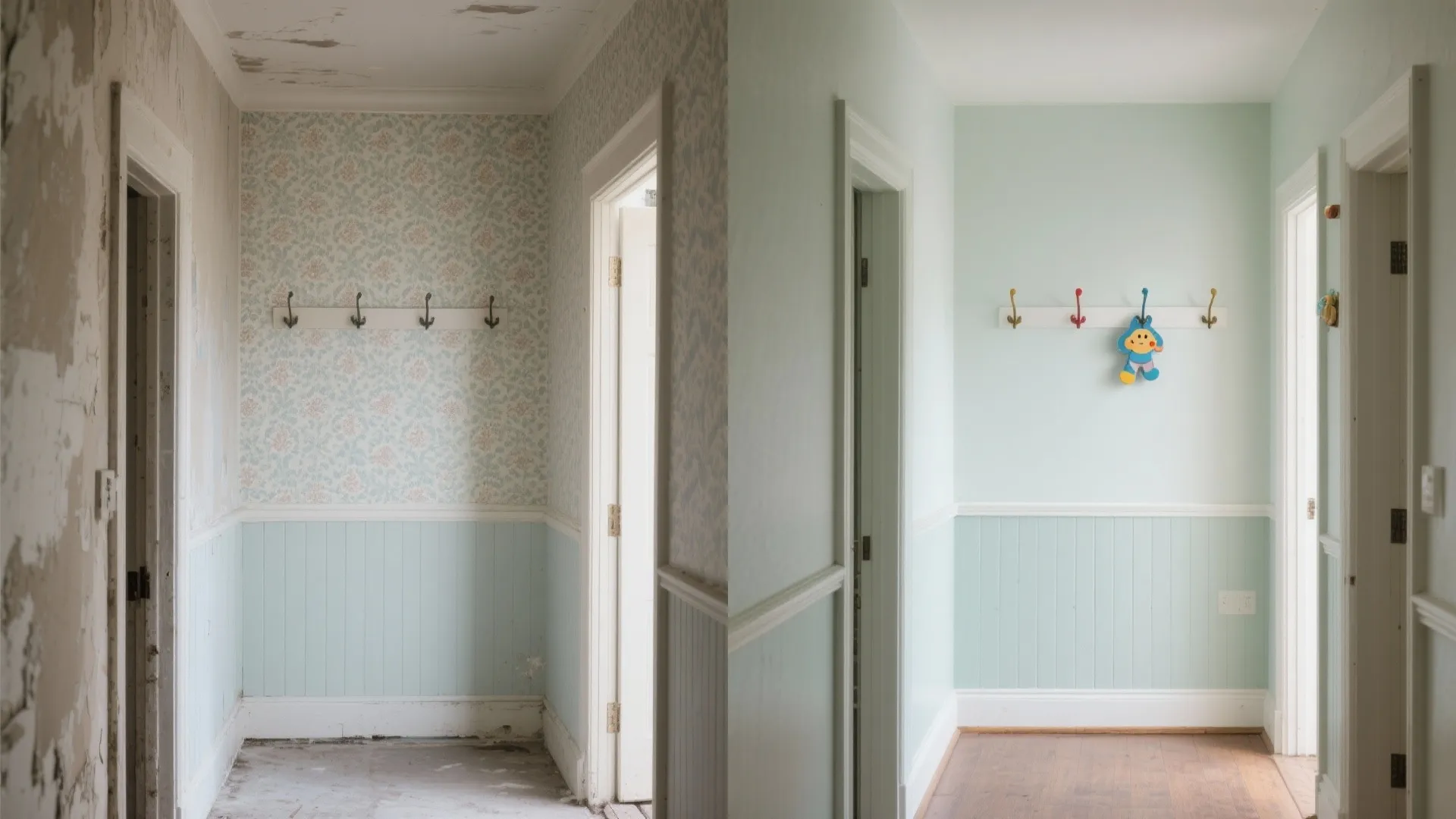 Before-and-after comparison of a hallway renovation showing old wallpaper replaced by clean light blue walls