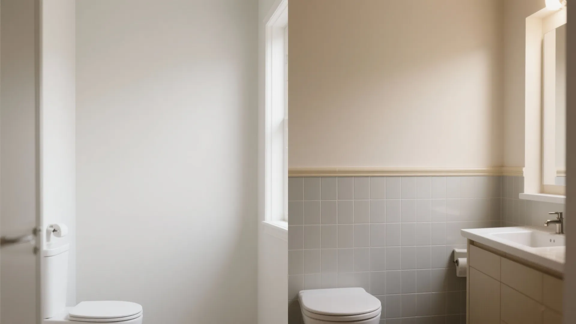 Before and after comparison of plain white bathroom wall versus new grey wall panel and cabinet