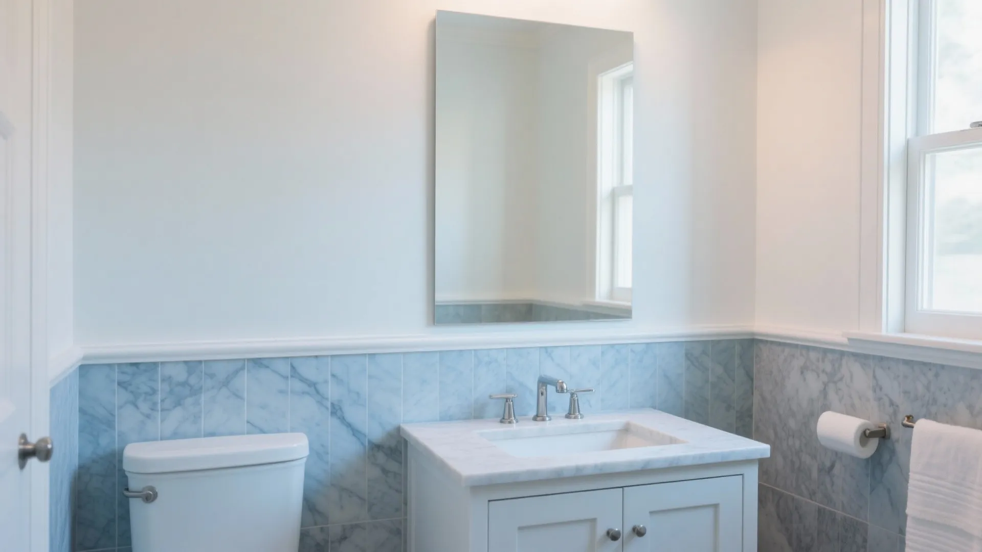 Honed blue marble wainscot with warm white upper walls and slim pencil trim in a compact vanity scene.