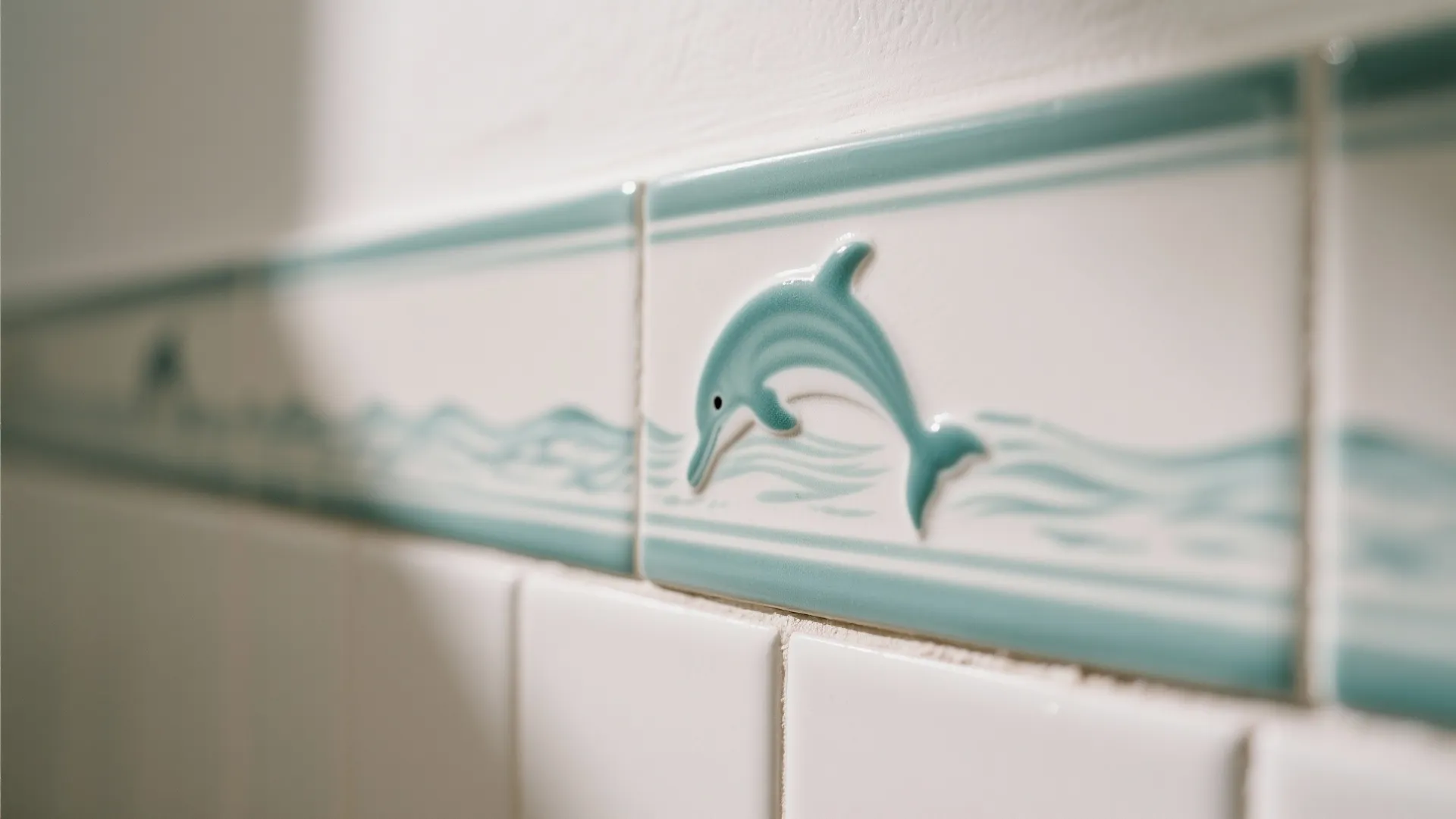 Close up of a blue dolphin tile border on a white bathroom wall with clean lines