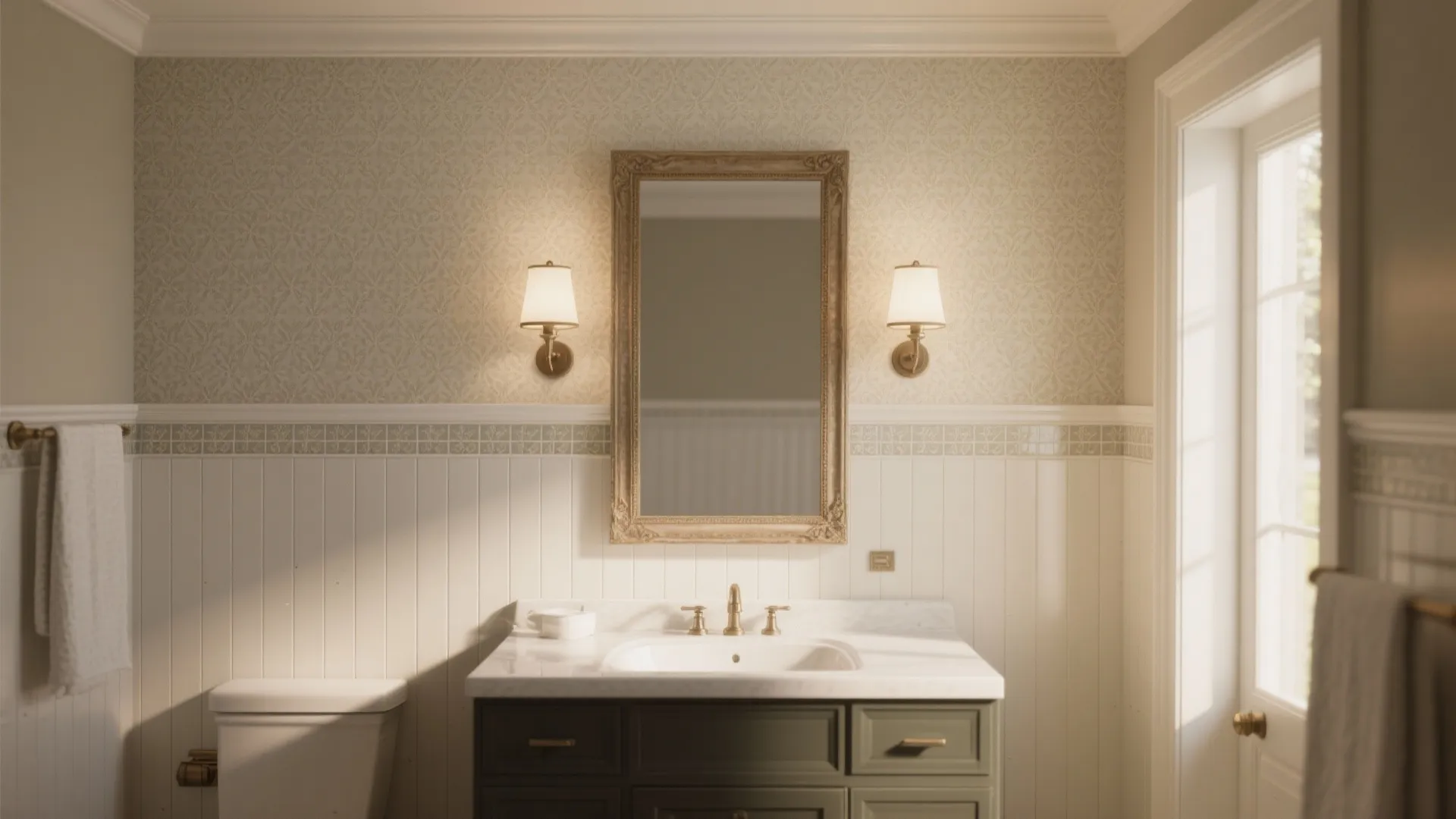 Half-wall wainscot + wallpaper combo