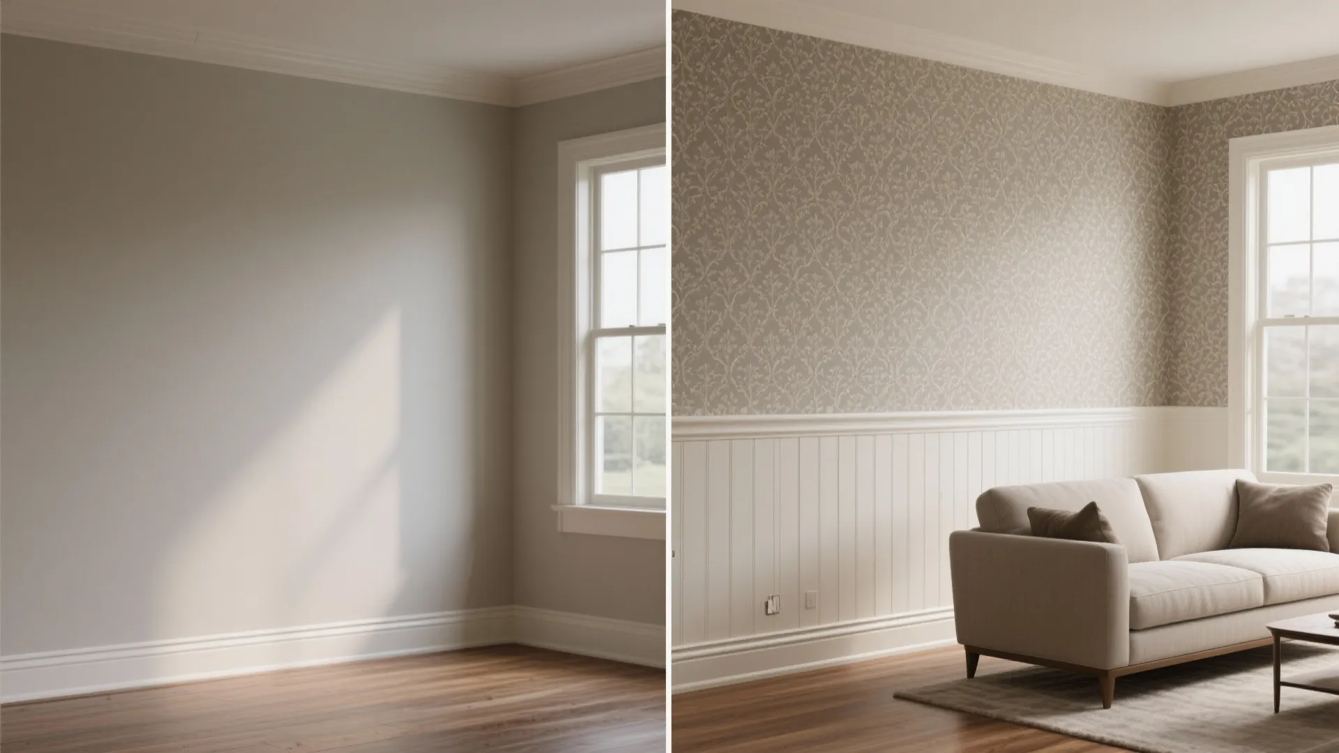 Before and after comparison showing empty grey wall versus patterned wallpaper with white wall panel