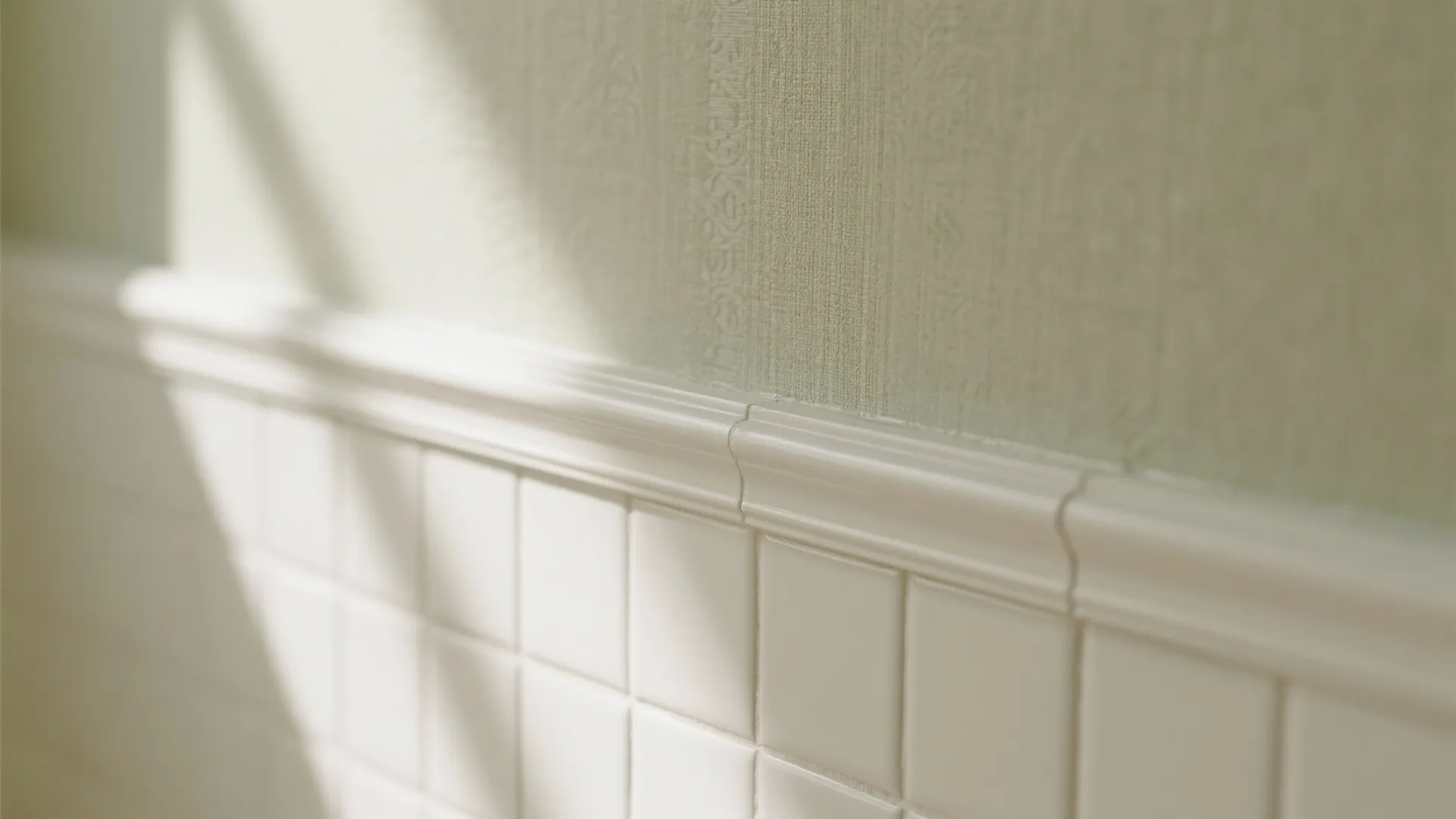 Macro view of a bullnose tile edge meeting embossed vinyl wallpaper with clean grout lines.