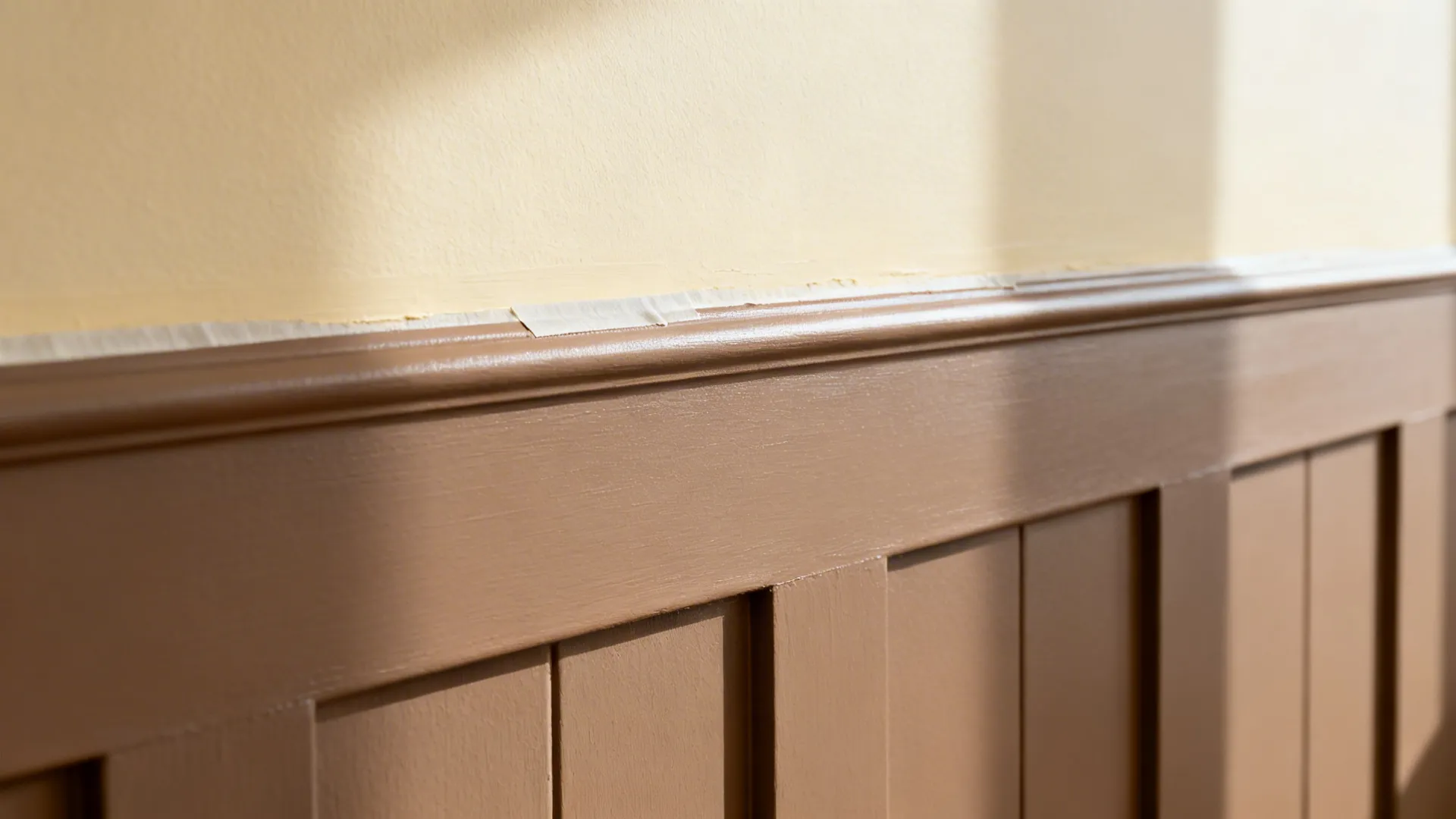 Macro of crisp paint line between satin taupe and matte cream finishes