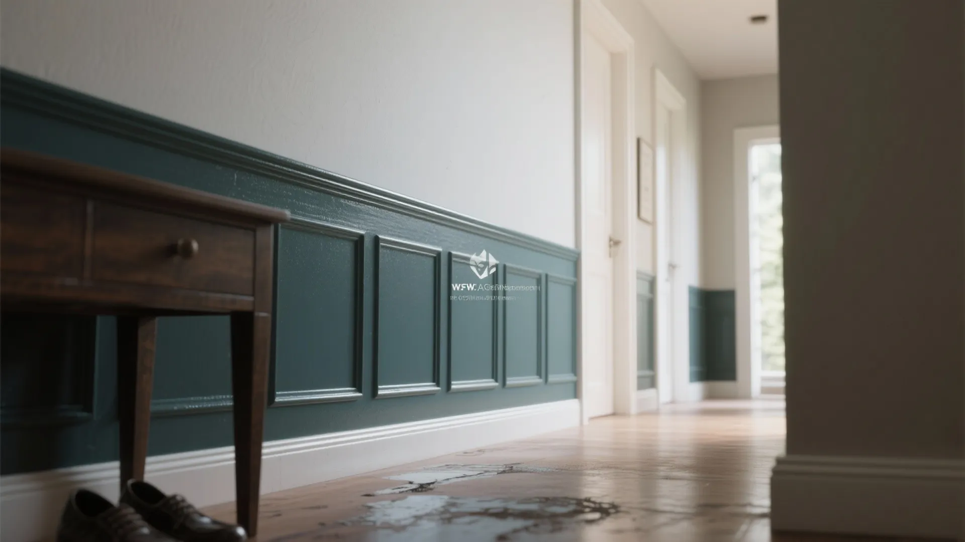 Hallway featuring two-tone epoxy wainscoting with a darker satin lower panel and light upper wall.
