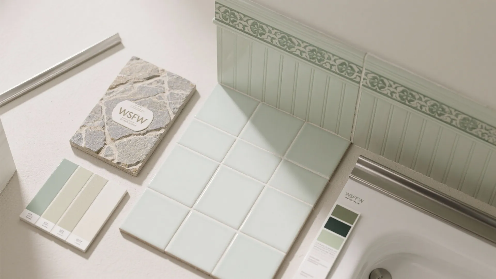 Top-down flat lay of field tiles, patterned border, stone cap, and limewash samples.