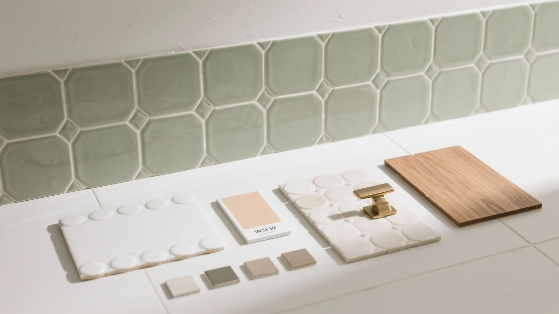 Interior design material board with green wall tiles wood piece white tiles and gold metal handle