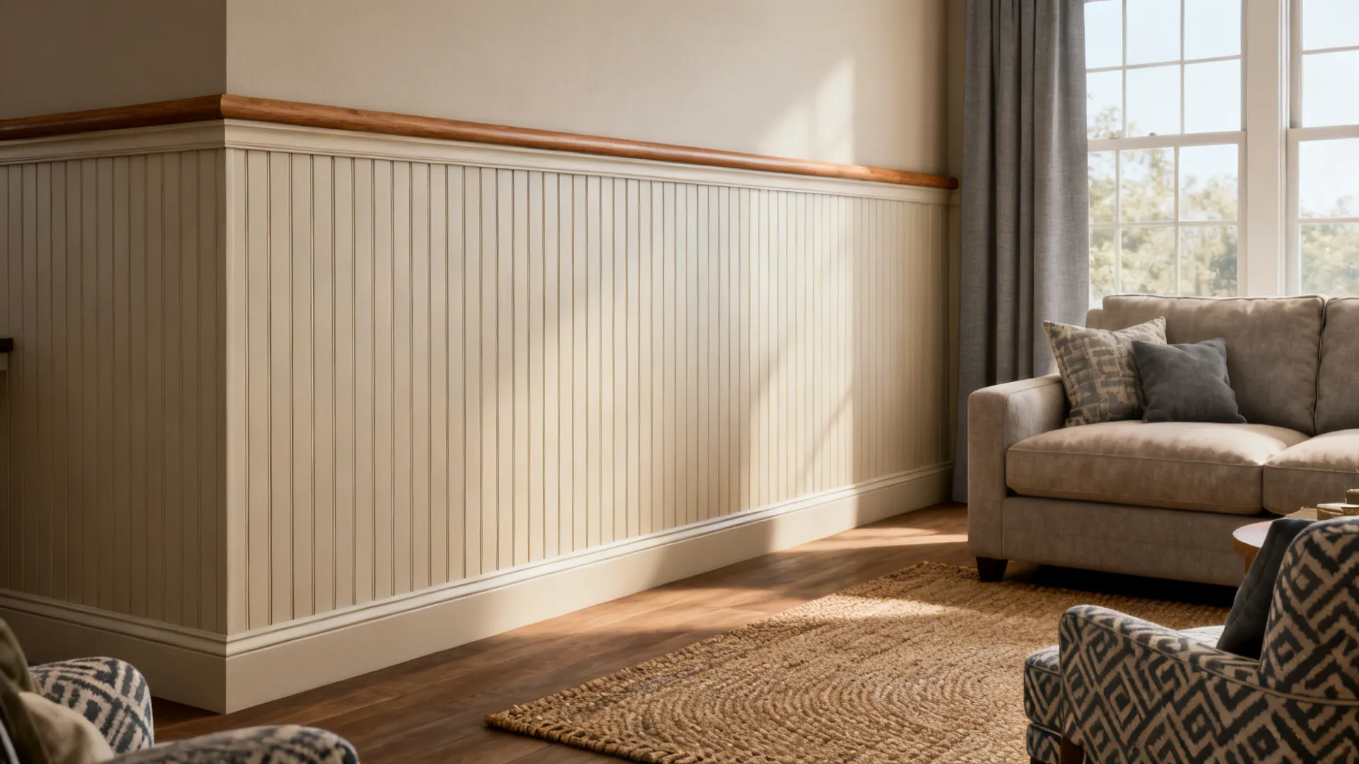 Half-height beadboard wainscot with wood cap anchoring a cozy seating area and protecting walls