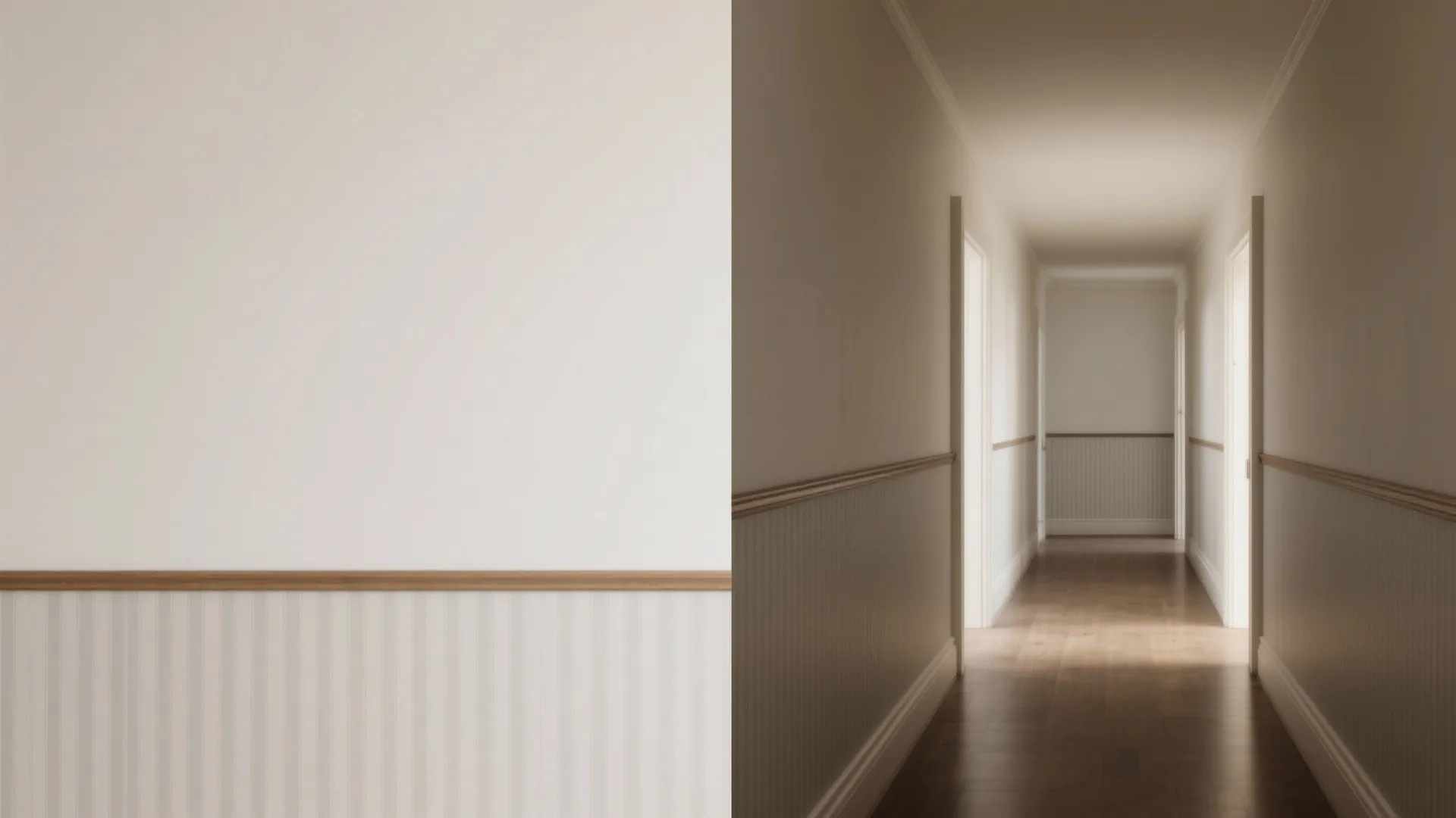 Side by side comparison of wall panel detail and a long hallway with wood flooring