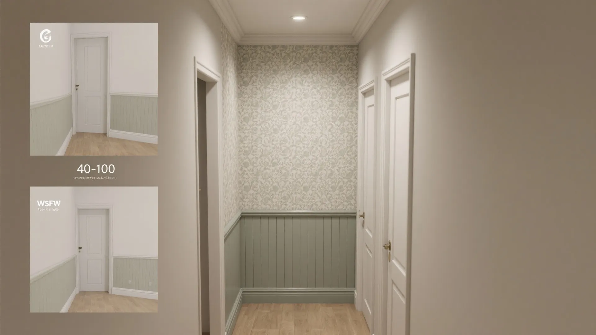 Interior design drawing showing hallway with green wall panel floral wallpaper and white wooden doors