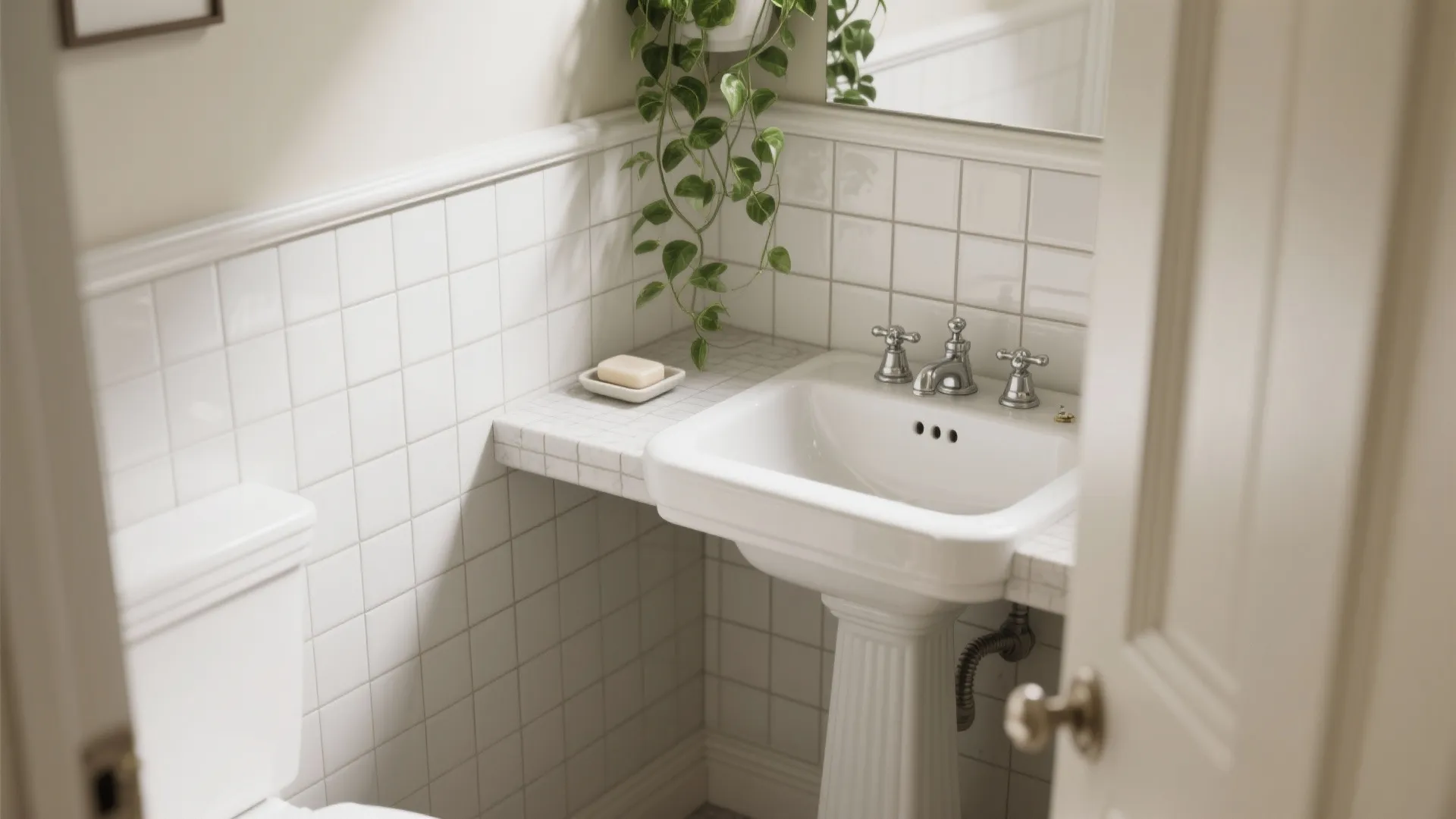 Bright small bathroom featuring a white pedestal sink with green hanging plant and wall panel