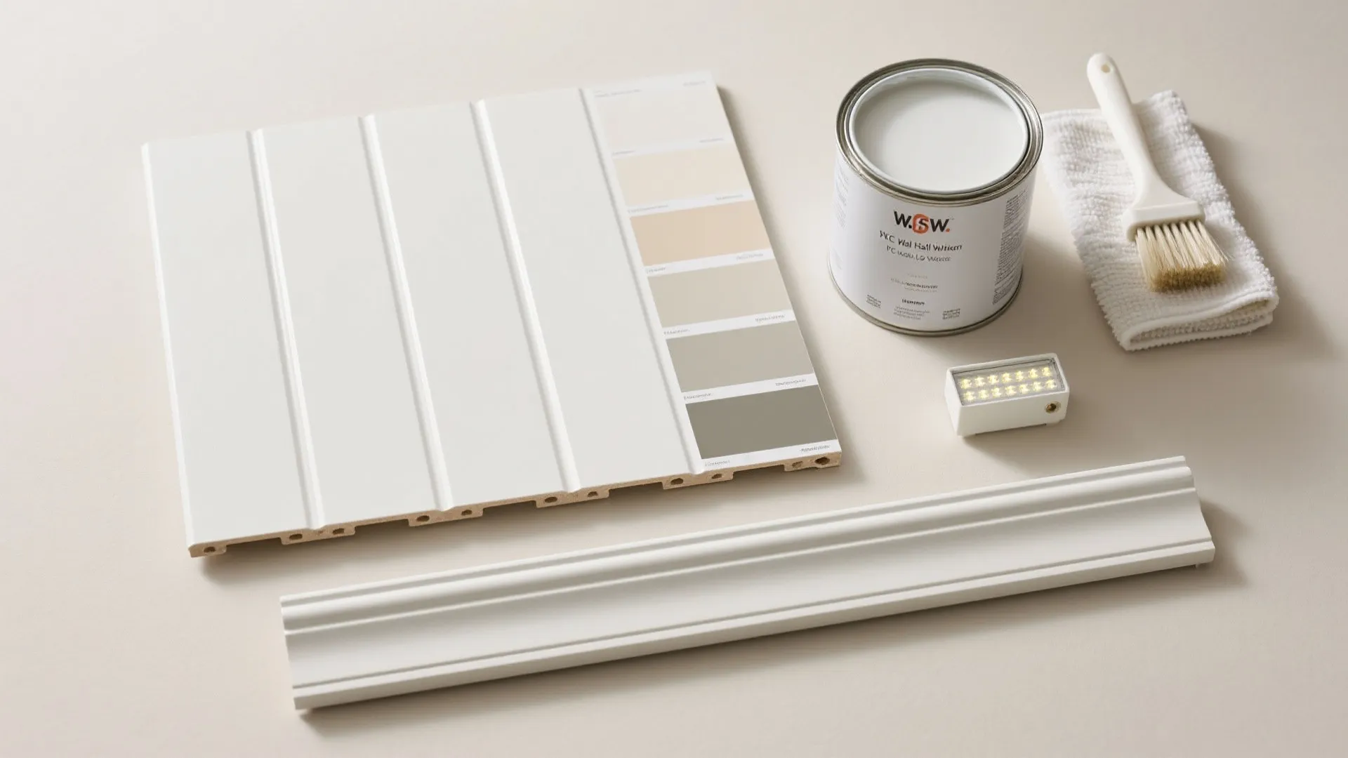 White wall panel sample with paint bucket brush color palette and small light fixture tool