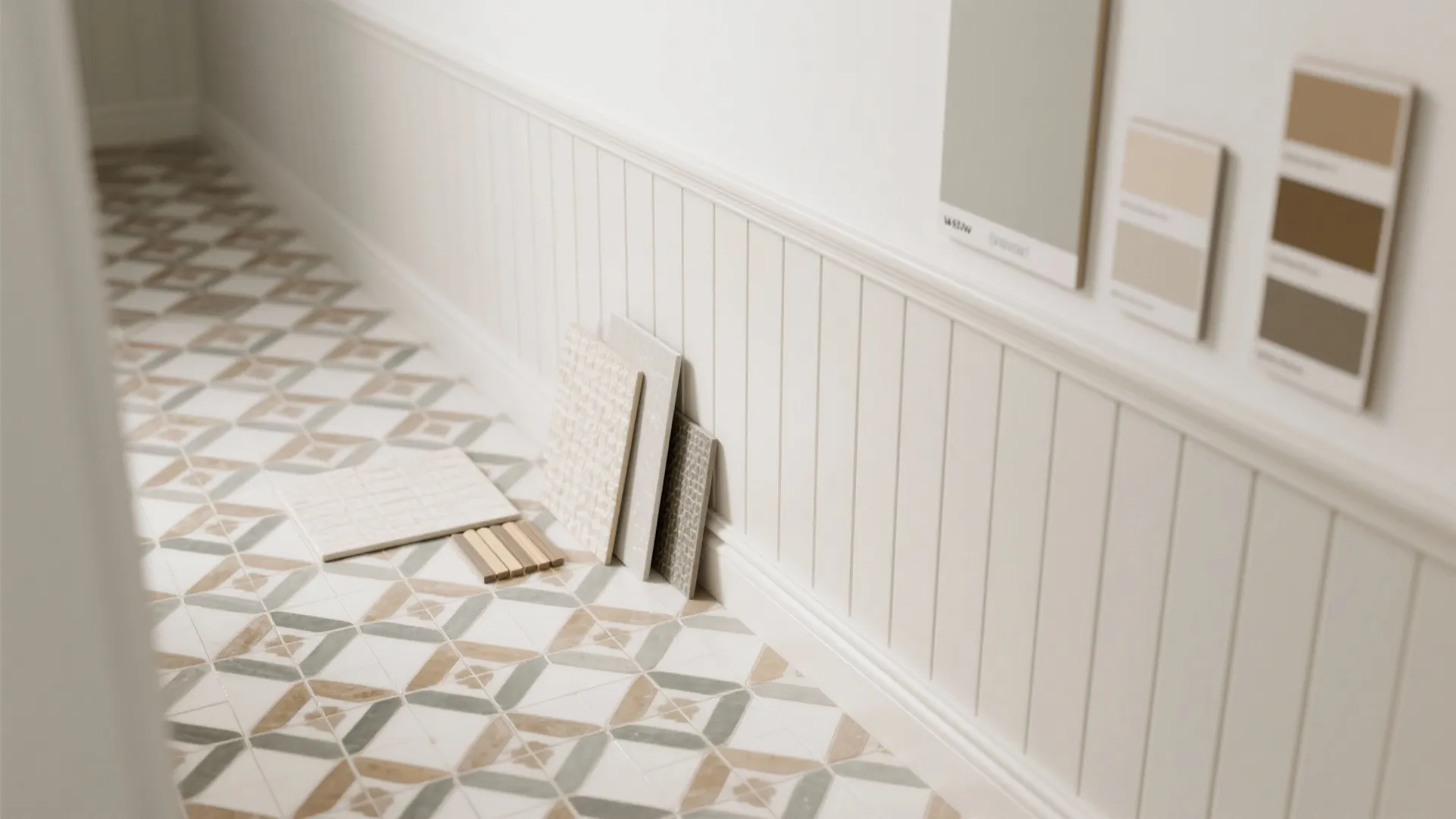 Flatlay of geometric tile samples, grout options, trim, and paint swatches for a wainscot.