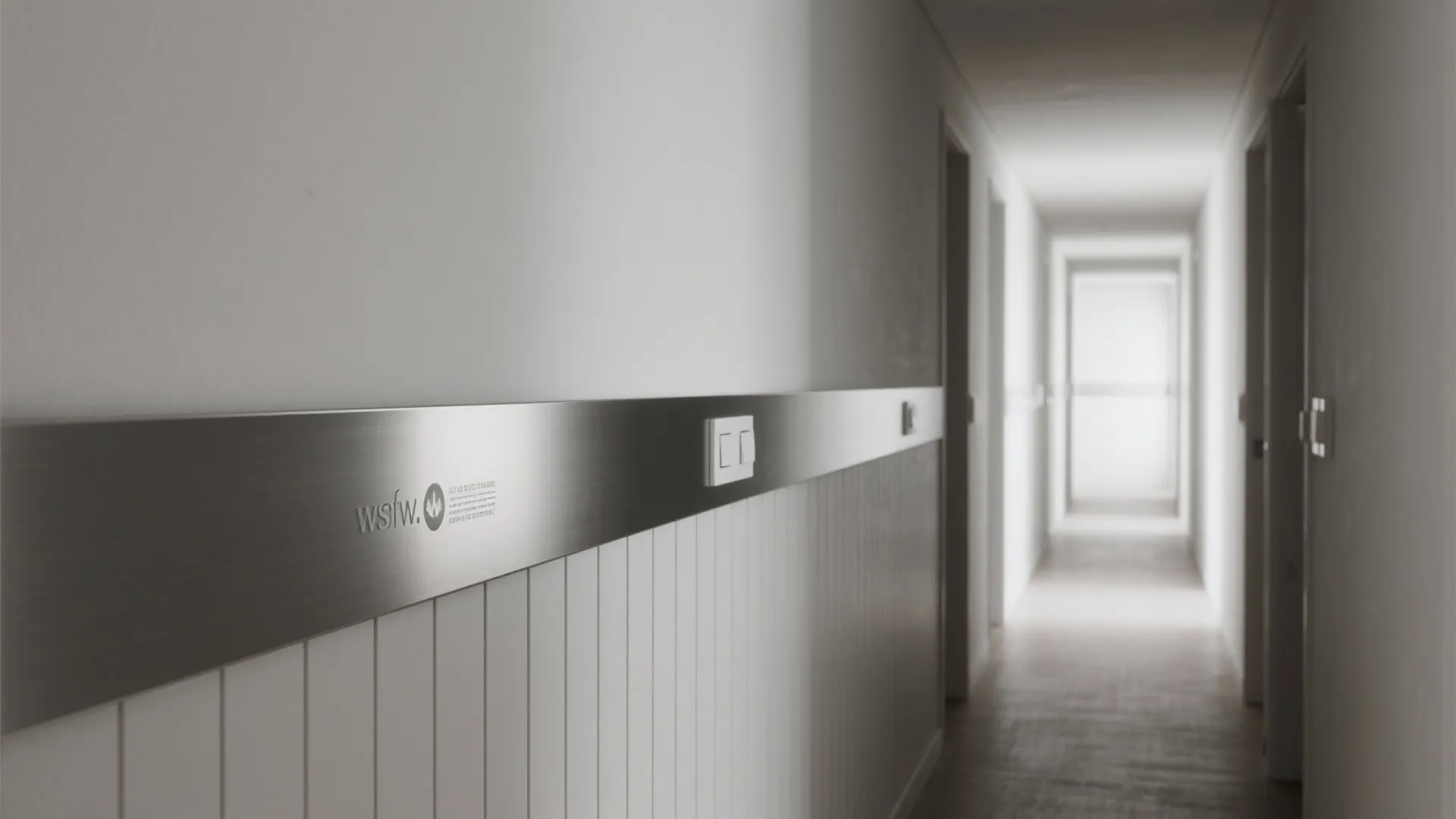 Long hallway with white wall panel featuring metal trim strip and modern white light switches