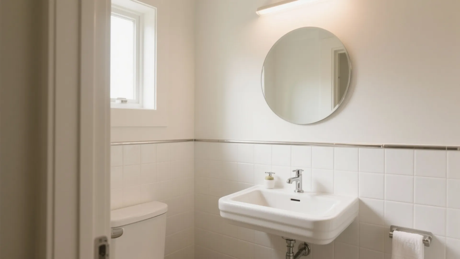 Clean white bathroom featuring round mirror white wall tiles toilet sink and bright natural light