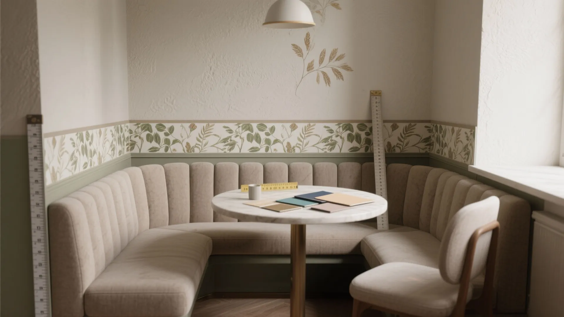 Banquette dining area with a low-wainscot mural band behind seats and material samples nearby.
