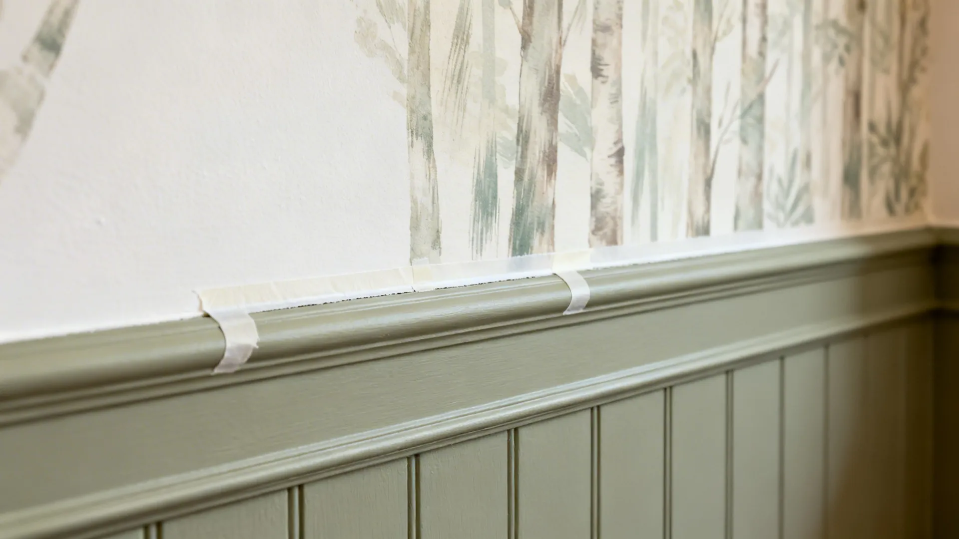 Macro view of dusty sage wainscot and pale woodland mural textures with crisp paint lines.