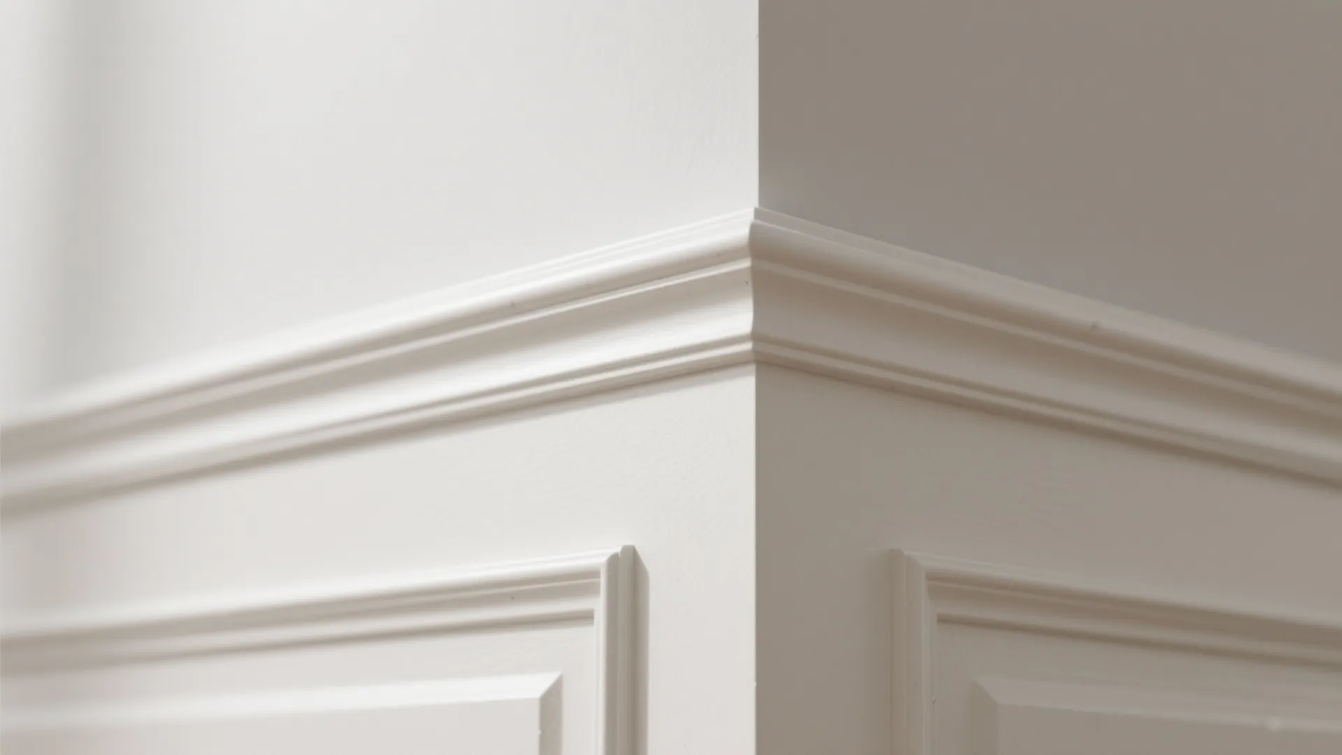 Close up view of a white wall panel corner detailing the clean lines and decorative trim