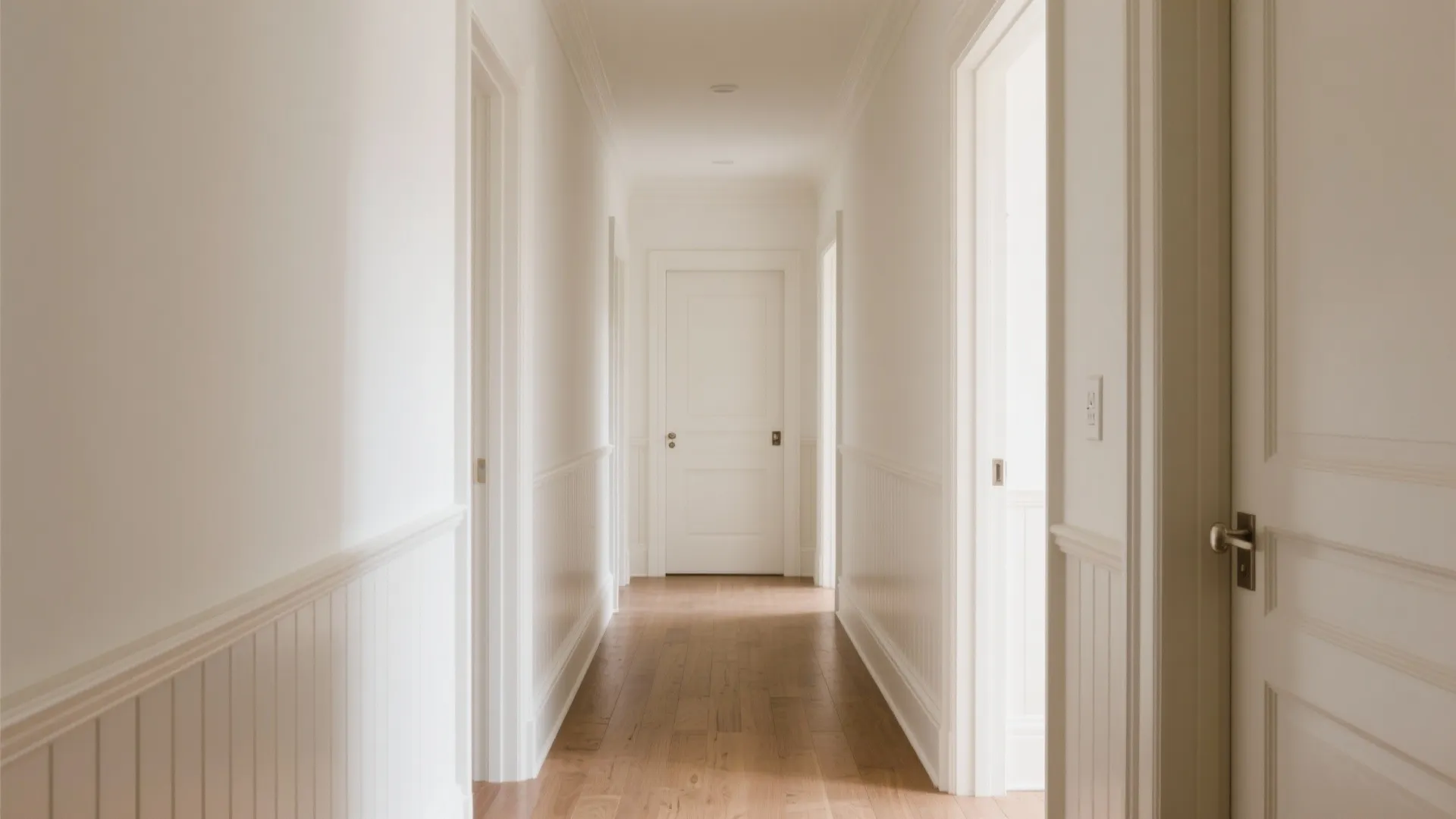 Bright white hallway with wall panel and wooden floor leading to a closed white door