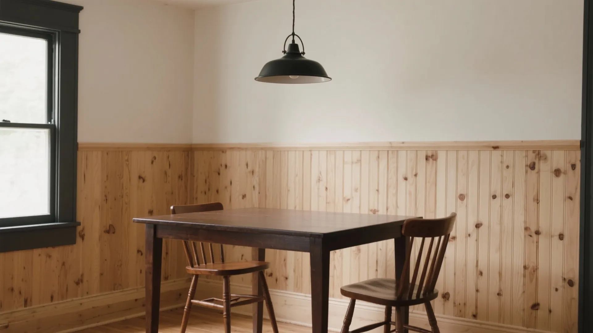 Dining table with wooden chairs in room featuring light wood wall panels and ceiling light