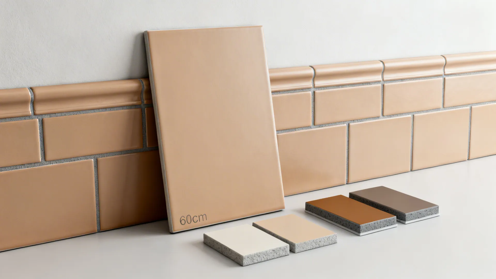 Flatlay of tile wainscot swatches, grout samples, and paint chips for a mixed tile and paint wall concept.