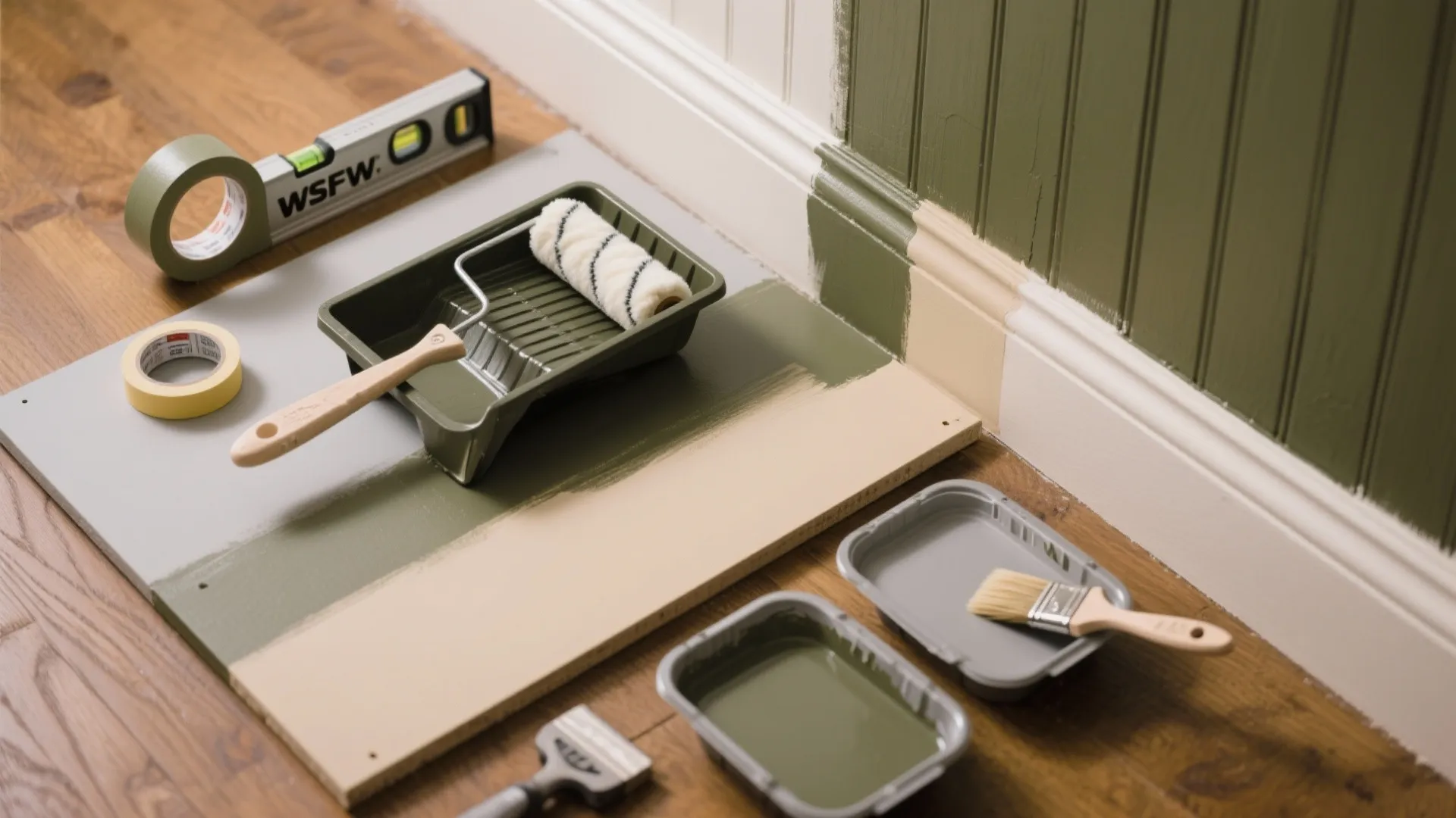 Green paint roller and tray next to a wall panel with wood floor and level