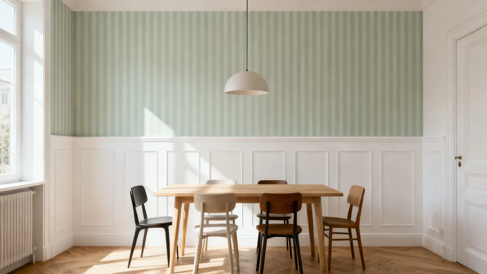 Small dining room with painted wainscot below and soft stripe wallpaper above.