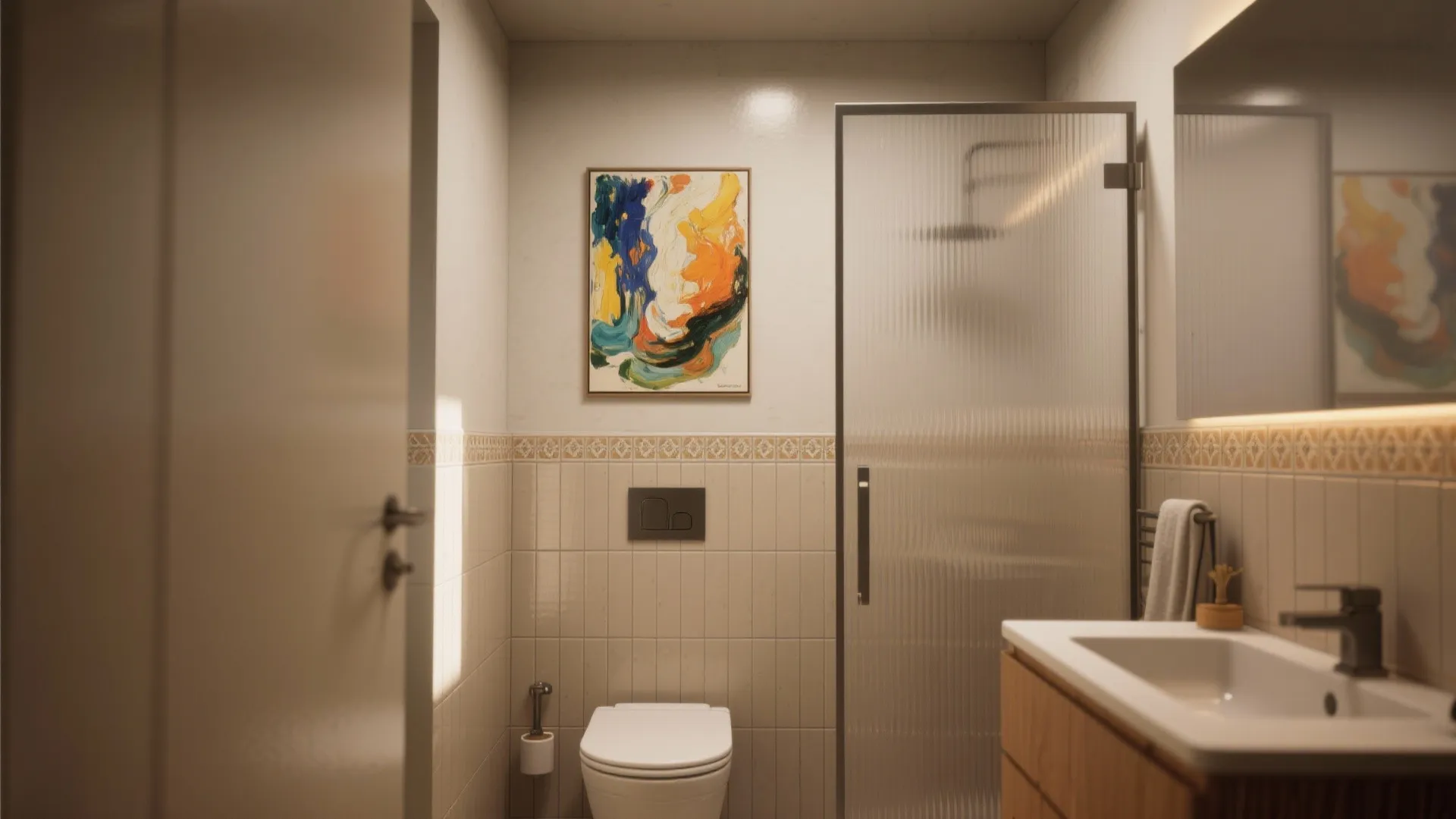Modern bathroom interior design drawing with toilet glass shower door colorful wall painting and wooden cabinet