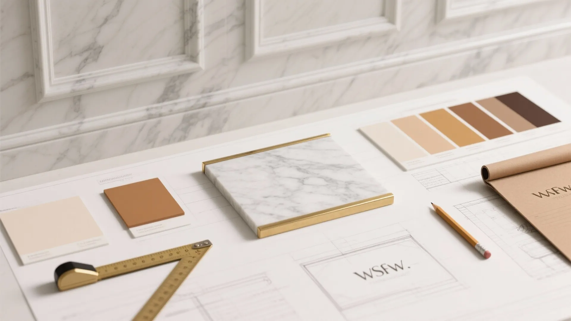 Interior design drawing with marble sample color swatches pencil ruler and wall panel in the background