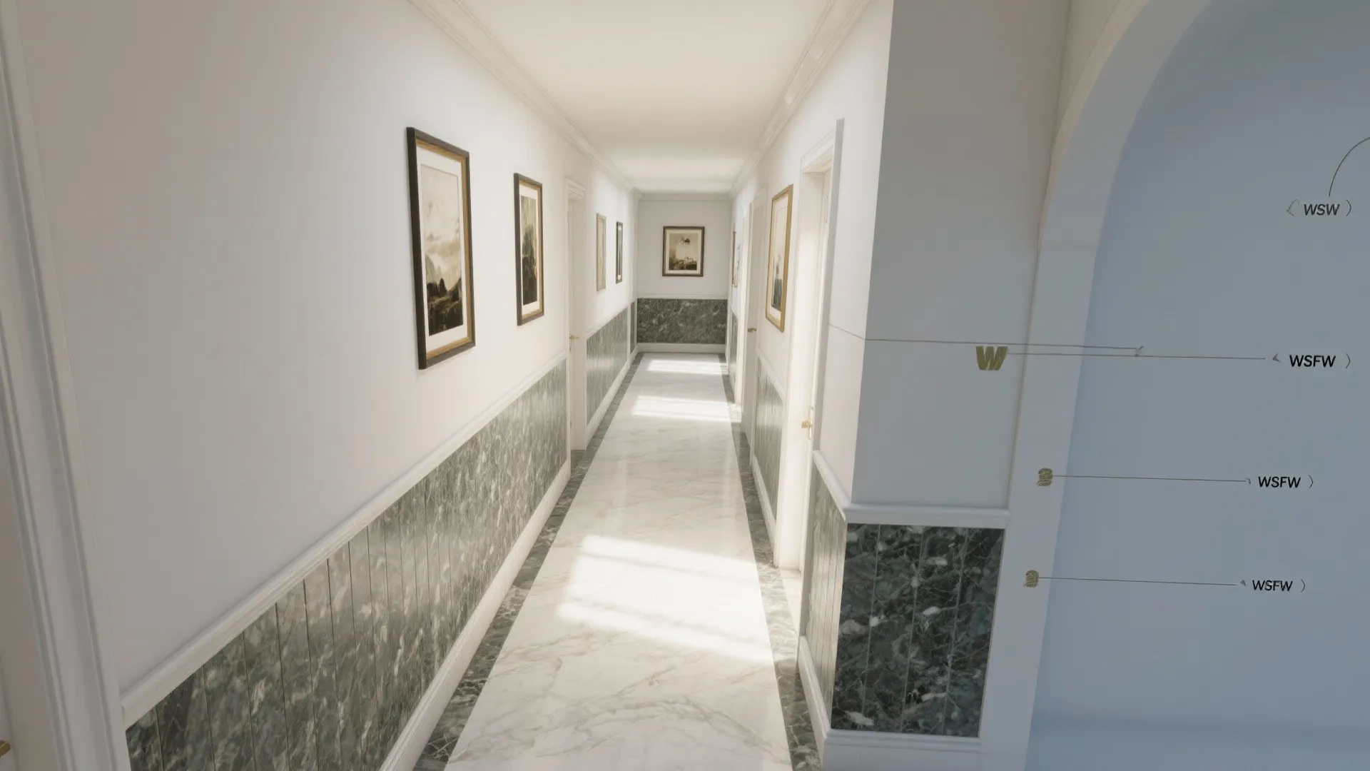 Long hallway with white walls green stone wall panel white marble floor and framed wall art