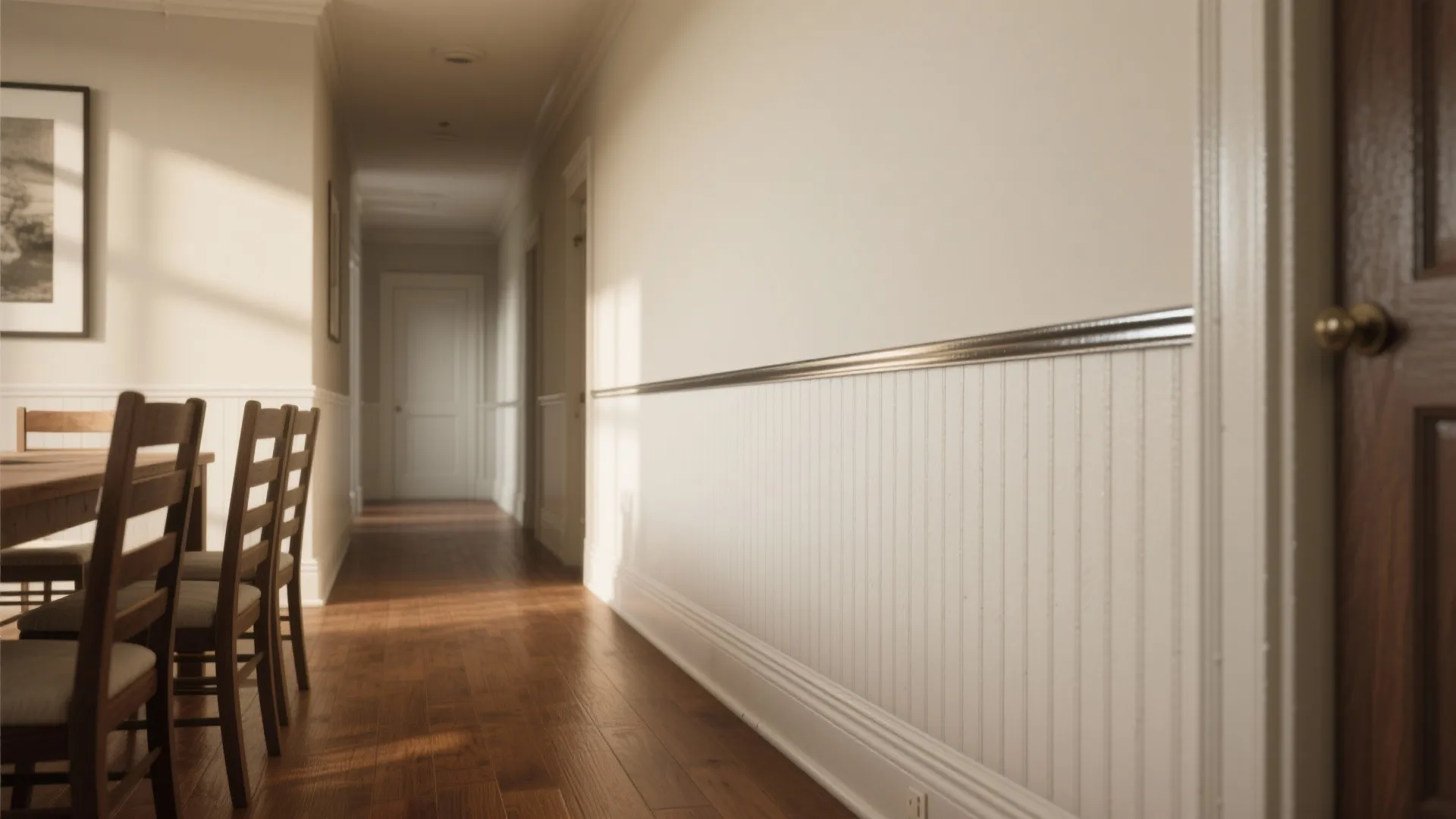 Long hallway with white wall panel, wooden floors, dining chairs, and warm sunlight from windows