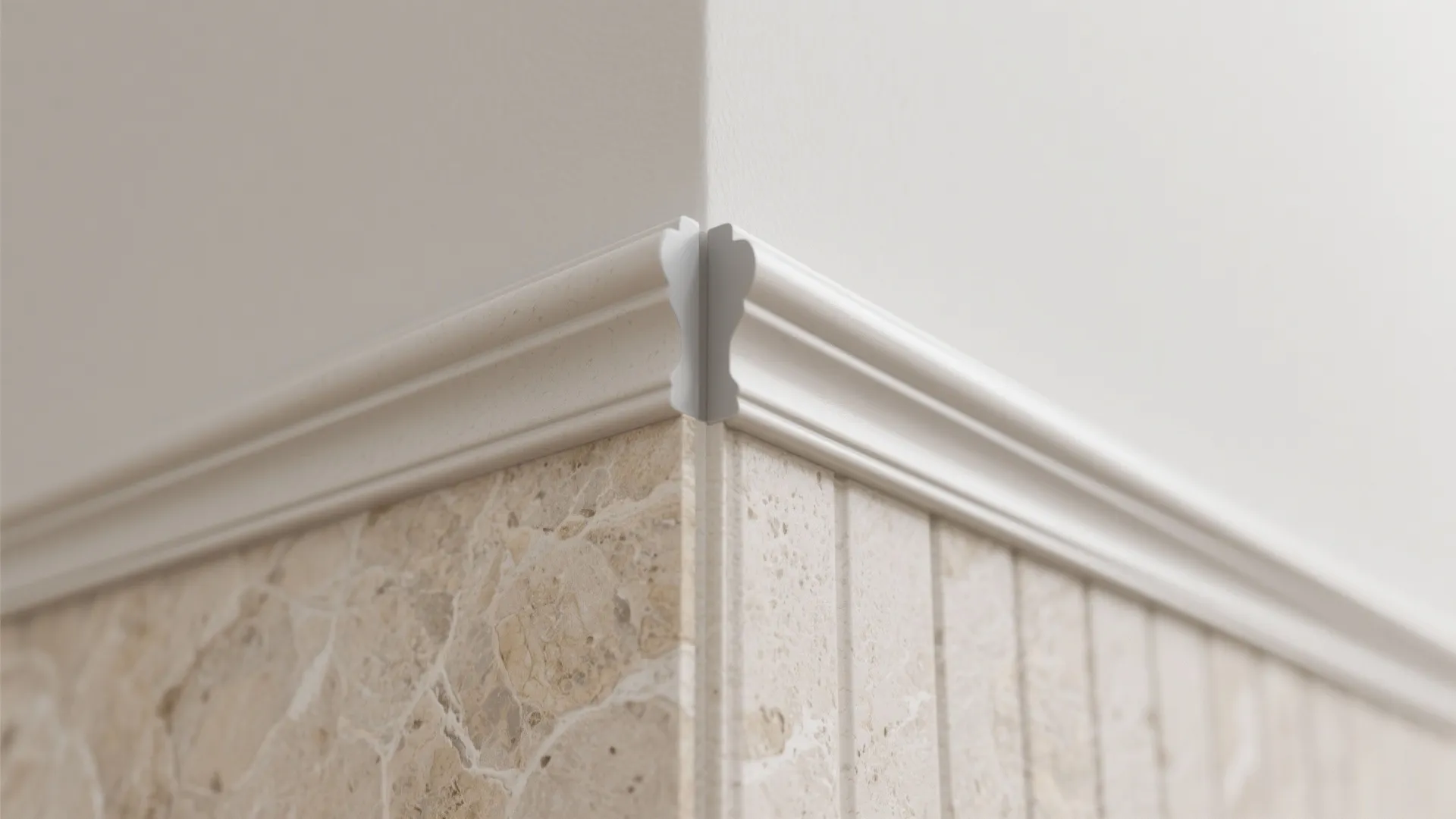 Macro of vinyl wainscot edge with shadow reveal and slim metal trim transition.