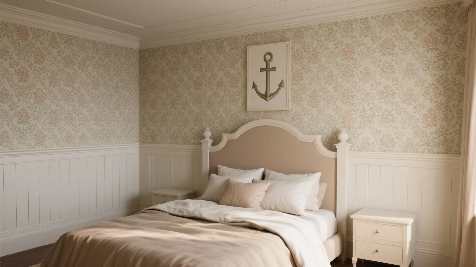 Classic bedroom featuring floral wallpaper with white wall panels and anchor art above the bed