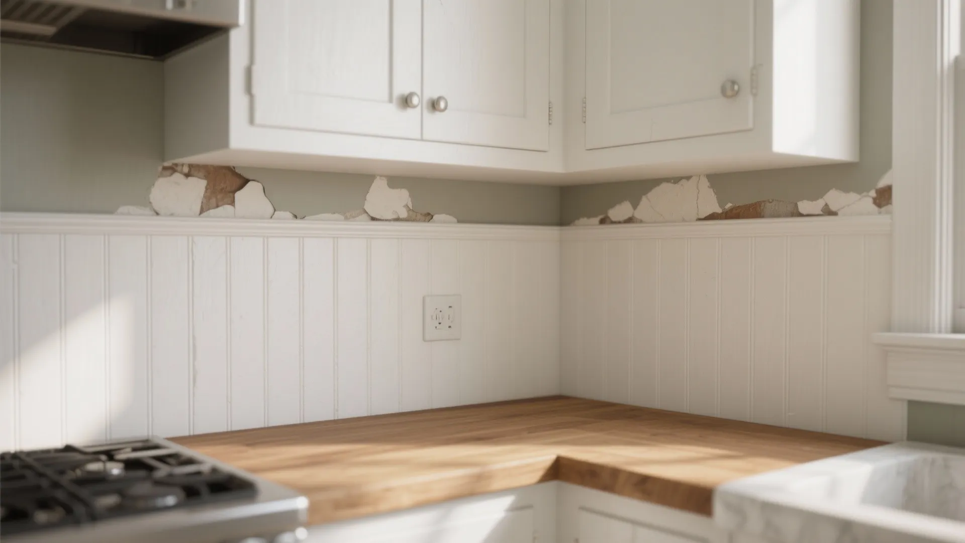 Kitchen corner with white cabinets and wood countertop showing damaged wall panels and peeling paint
