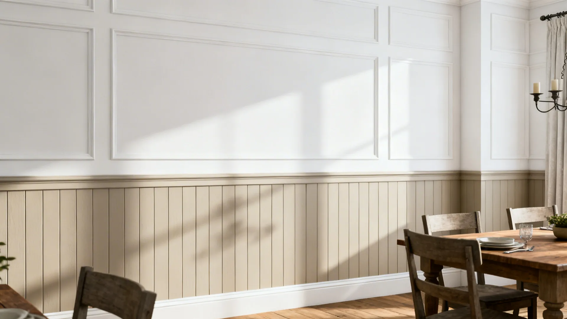 Painted wainscoting in a soft neutral tone with bright white above in a modern farmhouse dining room