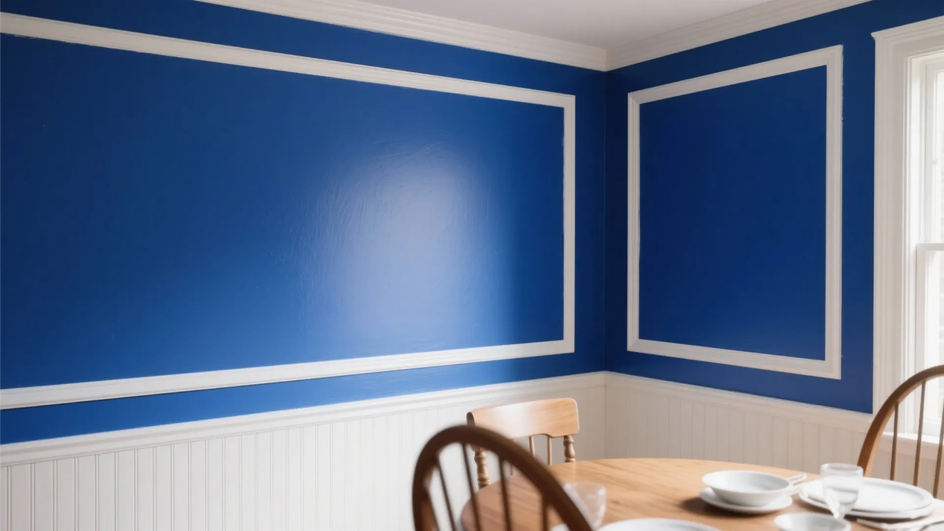 Blue dining room wall with white wall panel design wooden table and chairs near window