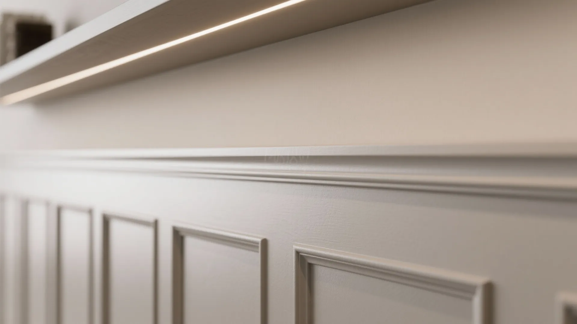 Detail of white wall panel design with a long warm light strip hidden under shelf