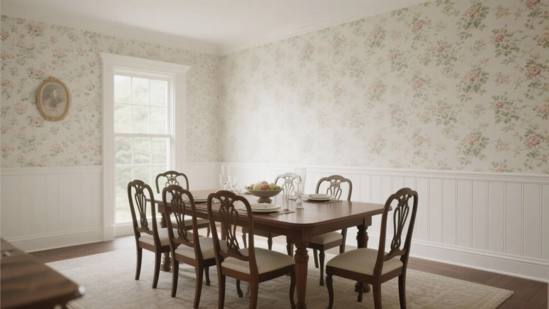 Dining room with floral wallpaper and white wall panels plus a wooden table and chairs