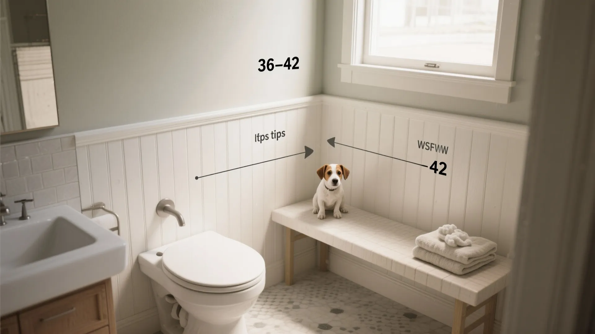 Bathroom corner with white wall panel small dog on bench toilet sink and dimension lines