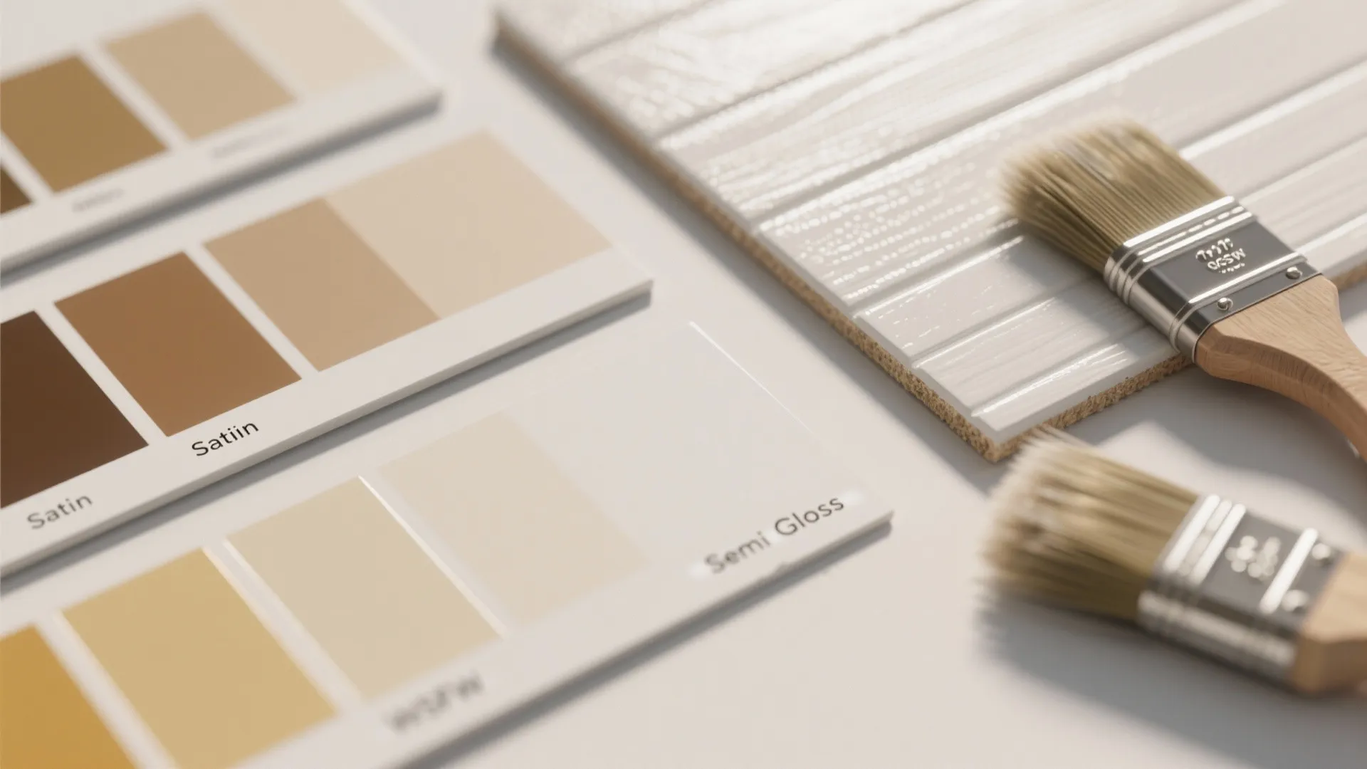 Neutral paint color swatches and paint brushes next to white wood wall panel sample board