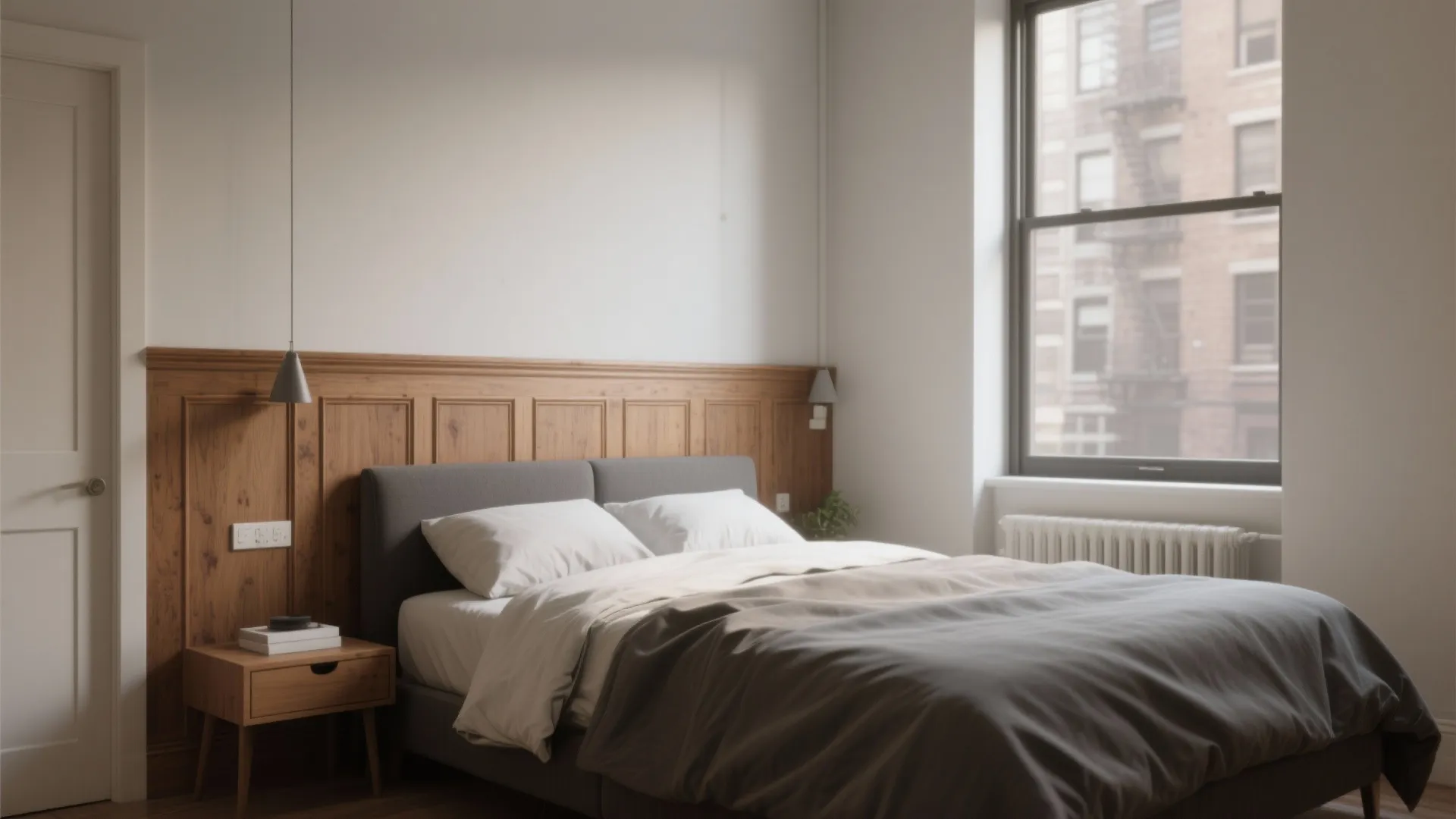 Simple bedroom with a grey bed wooden wall panel white walls large windows and light