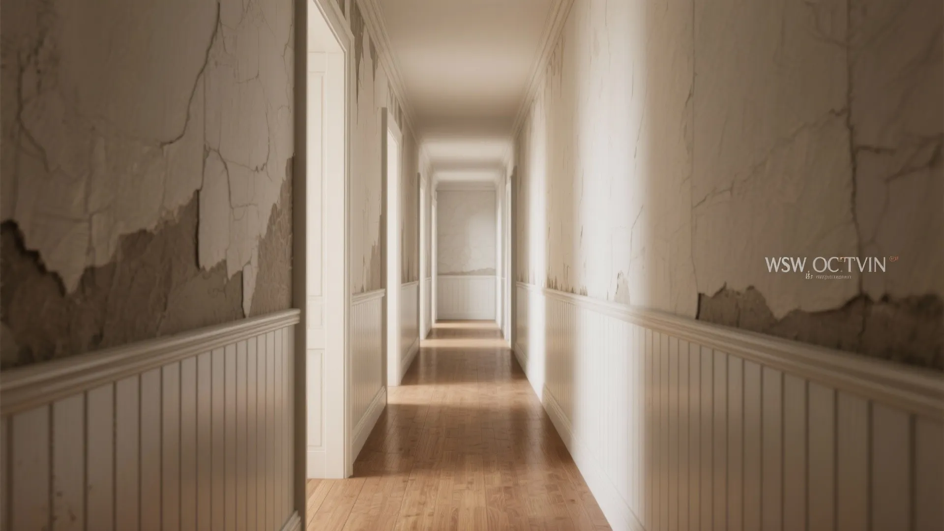 Narrow hallway with slim wainscoting installed to hide and protect previously peeling paint.