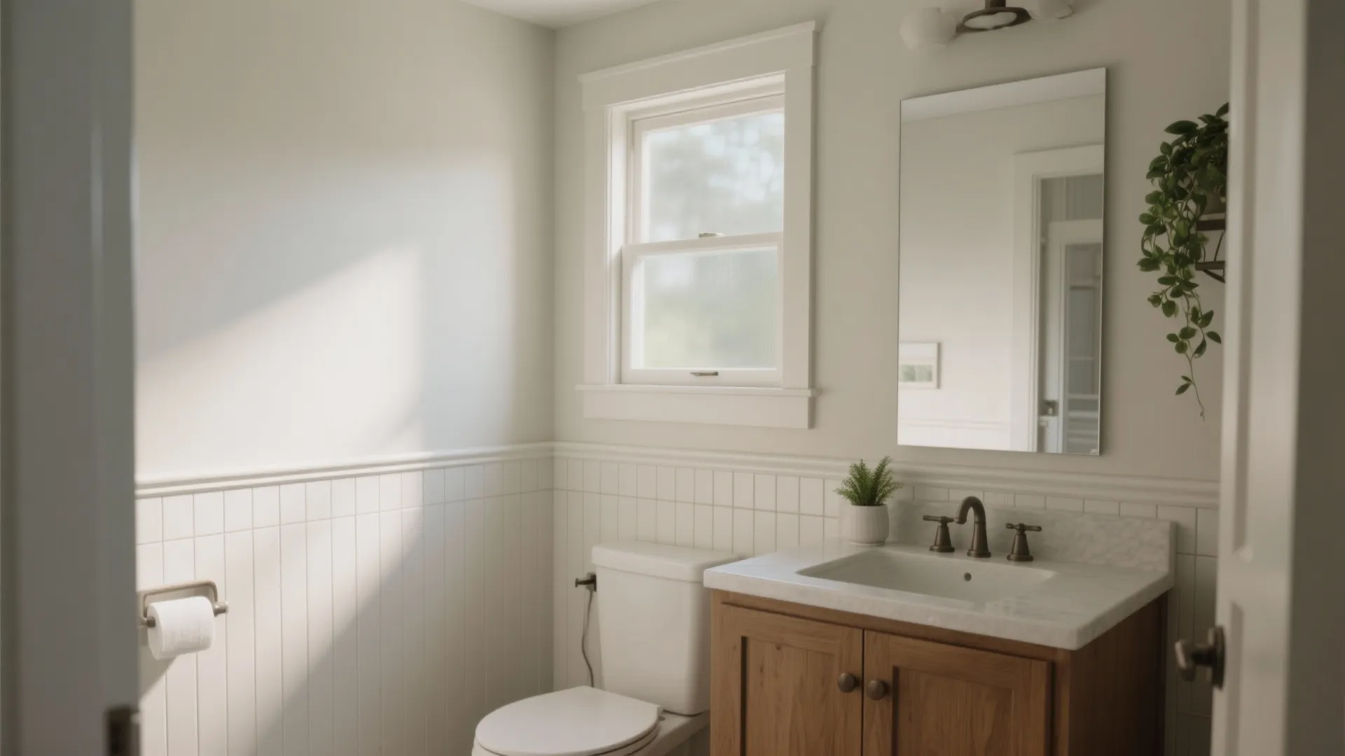 Bright bathroom interior with white wall panel wood vanity toilet mirror plant and natural light