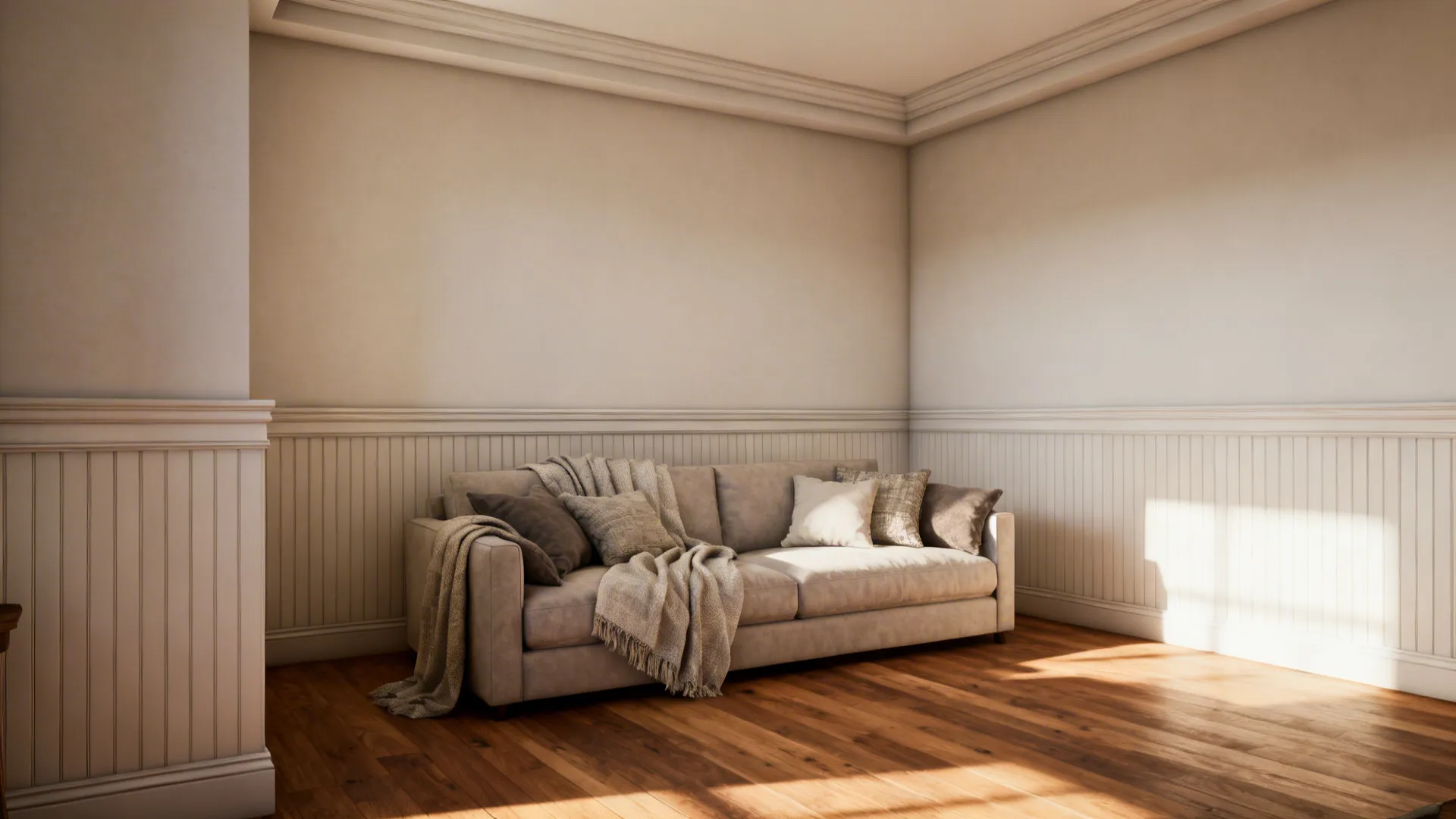Cozy living room with beadboard wainscoting, warm wood floor and layered textiles.