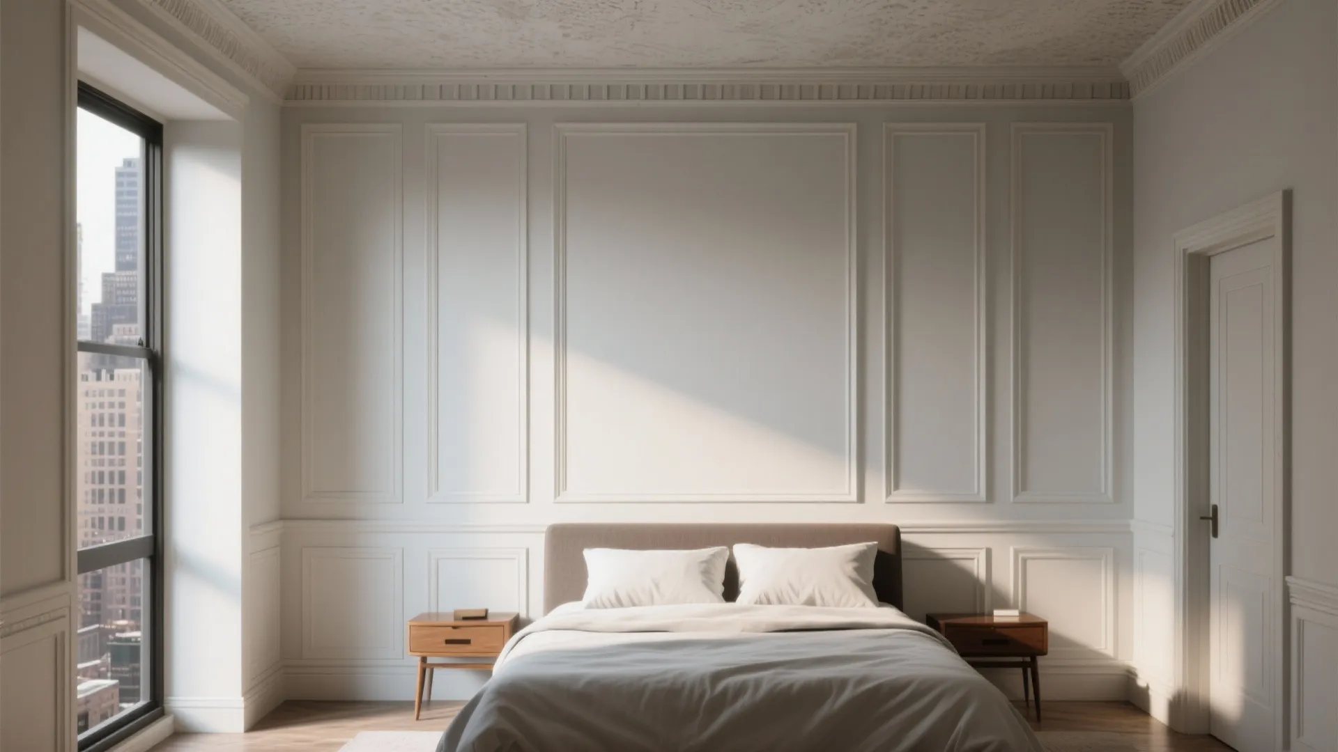 Modern white bedroom featuring detailed wall panel design with large bed and two wooden nightstands