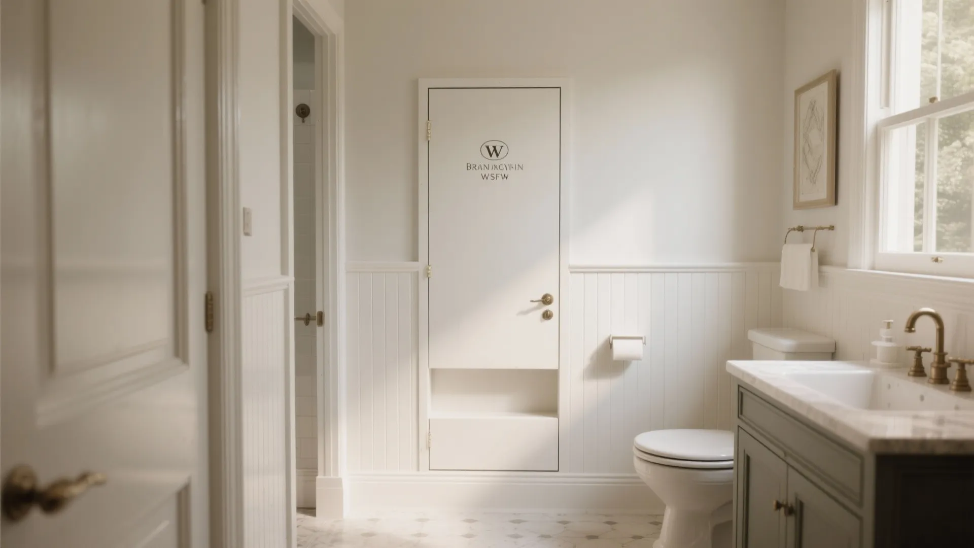 Classic white bathroom with wall panel design featuring a small door toilet and green cabinet