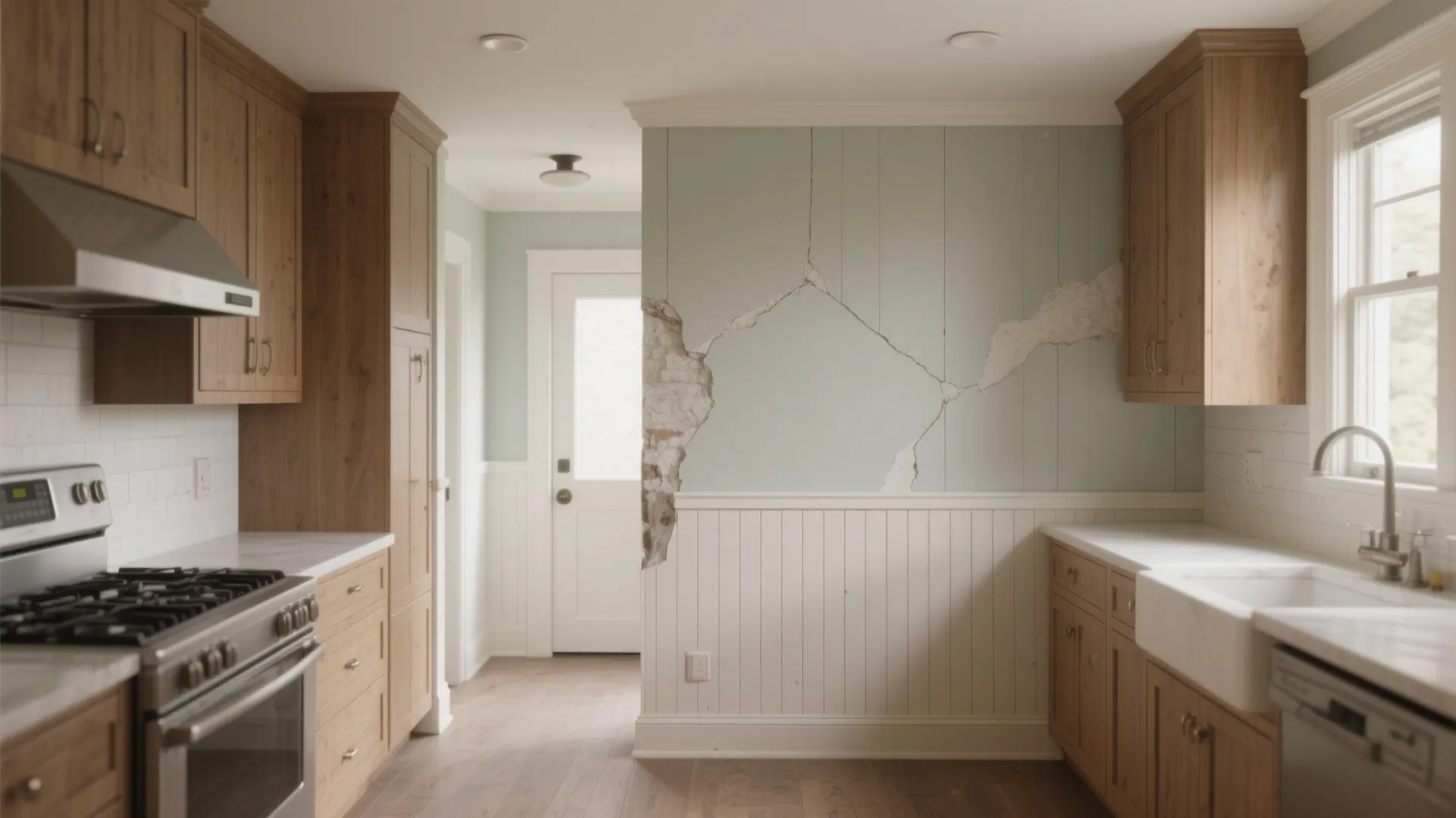 Modern kitchen featuring wood cabinets and a damaged green wall with white wood wall panel