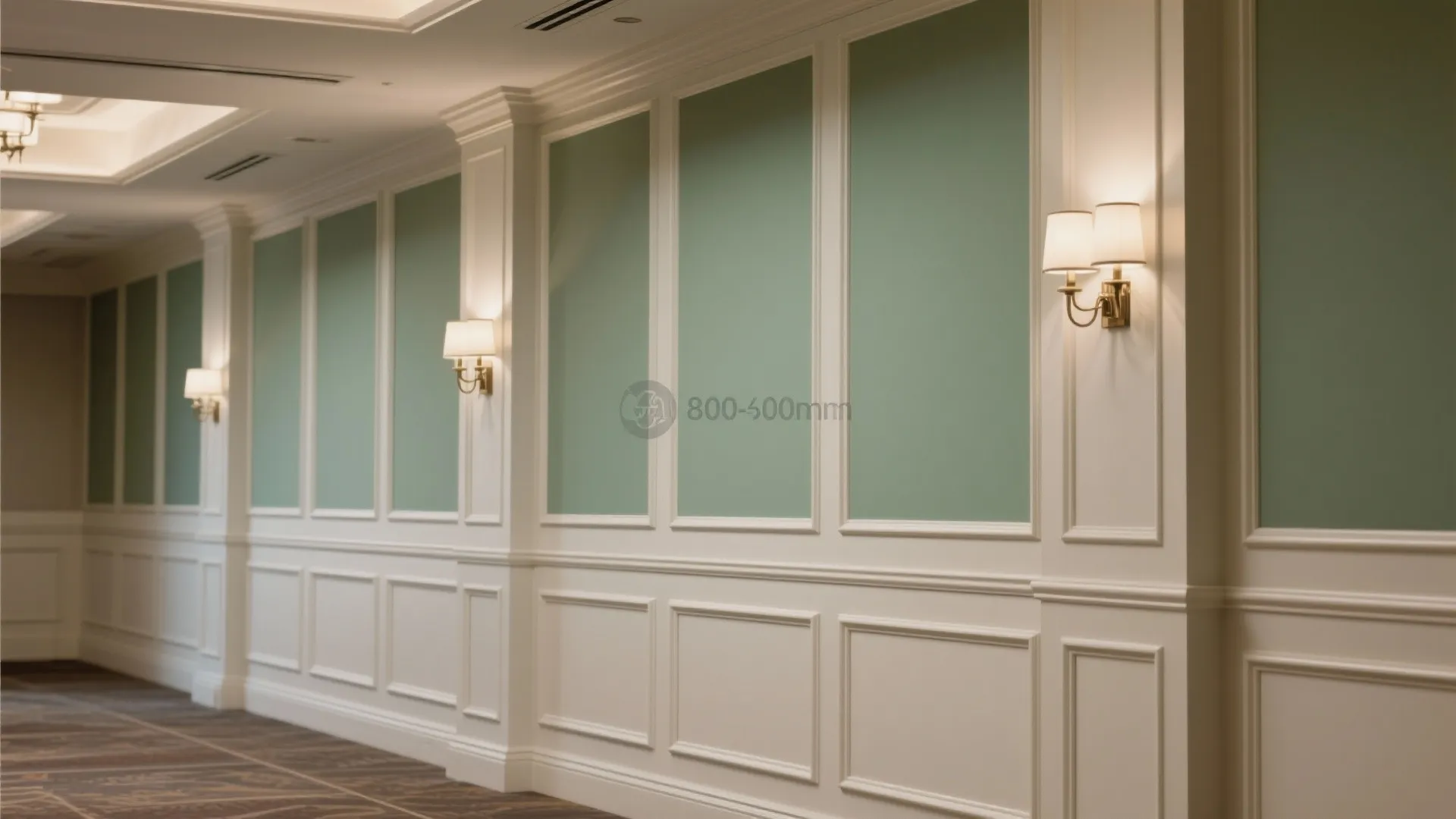 Hotel corridor wall panel with green and white design featuring classic wall light fixture style